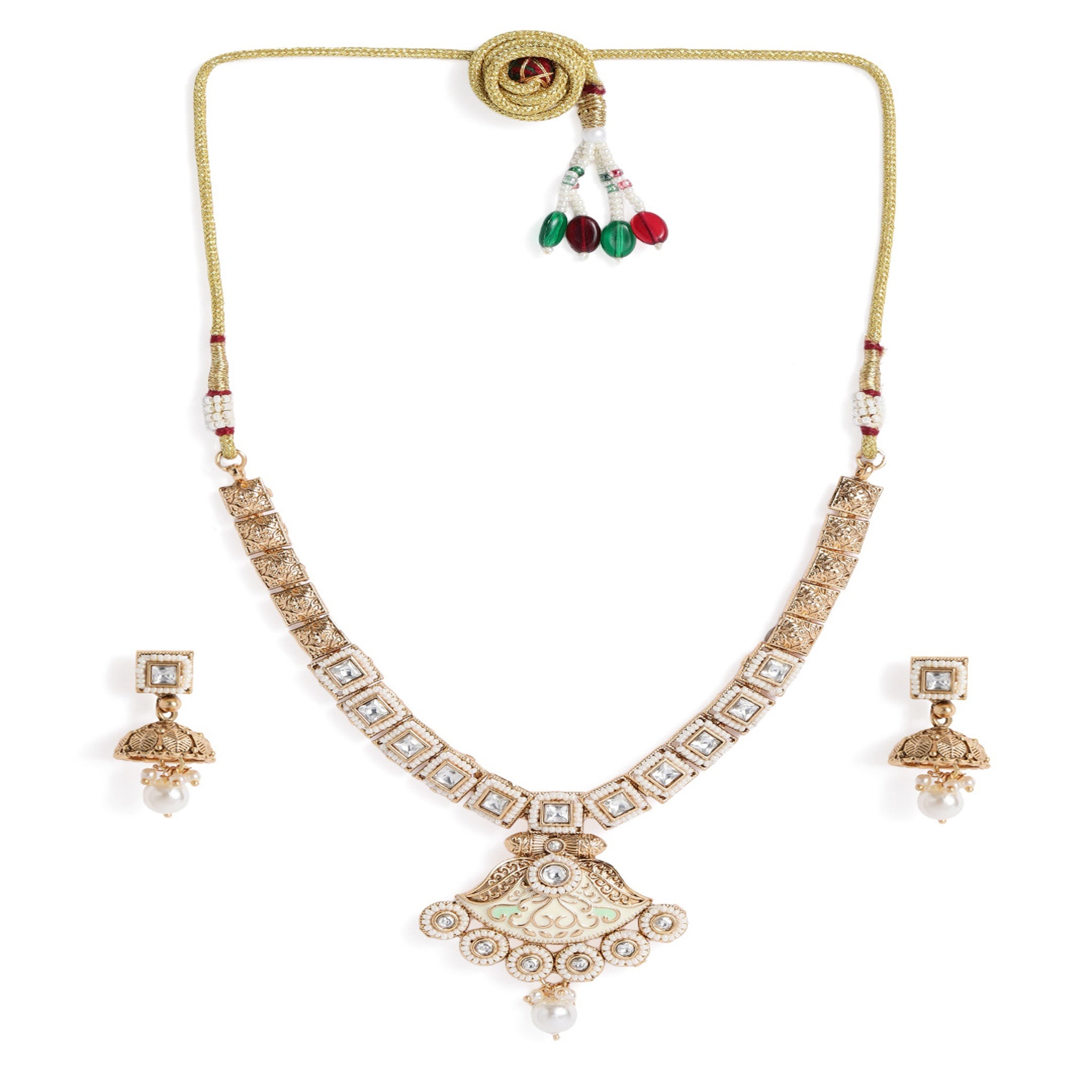 Gold Plated Antique White Enamelled Necklace Set