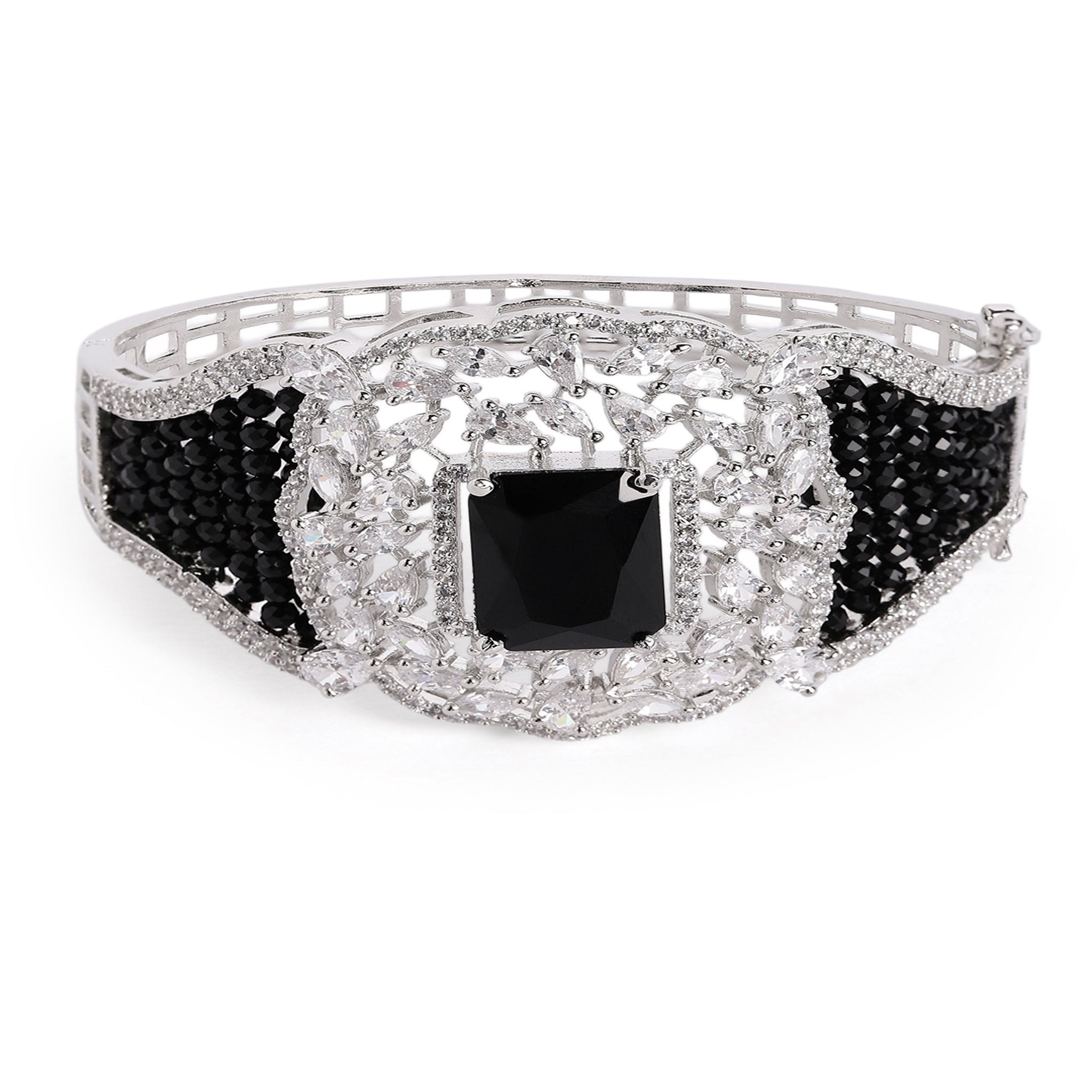 Women Cubic Zirconia Handcrafted Rhodium-Plated Kada Bracelet-Black
