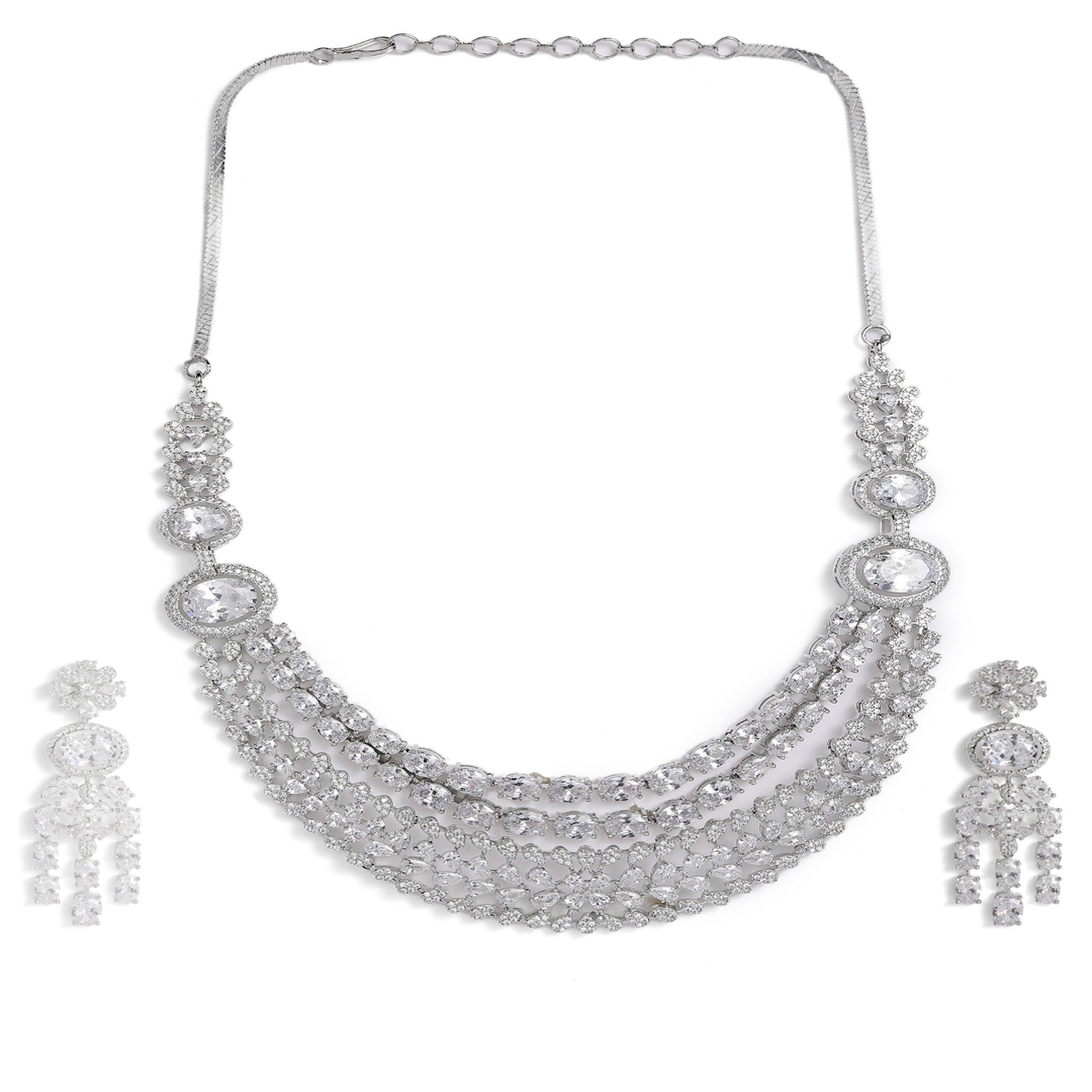 Rhodium-Plated Silver-Toned & White AD-Studded Jewellery Set
