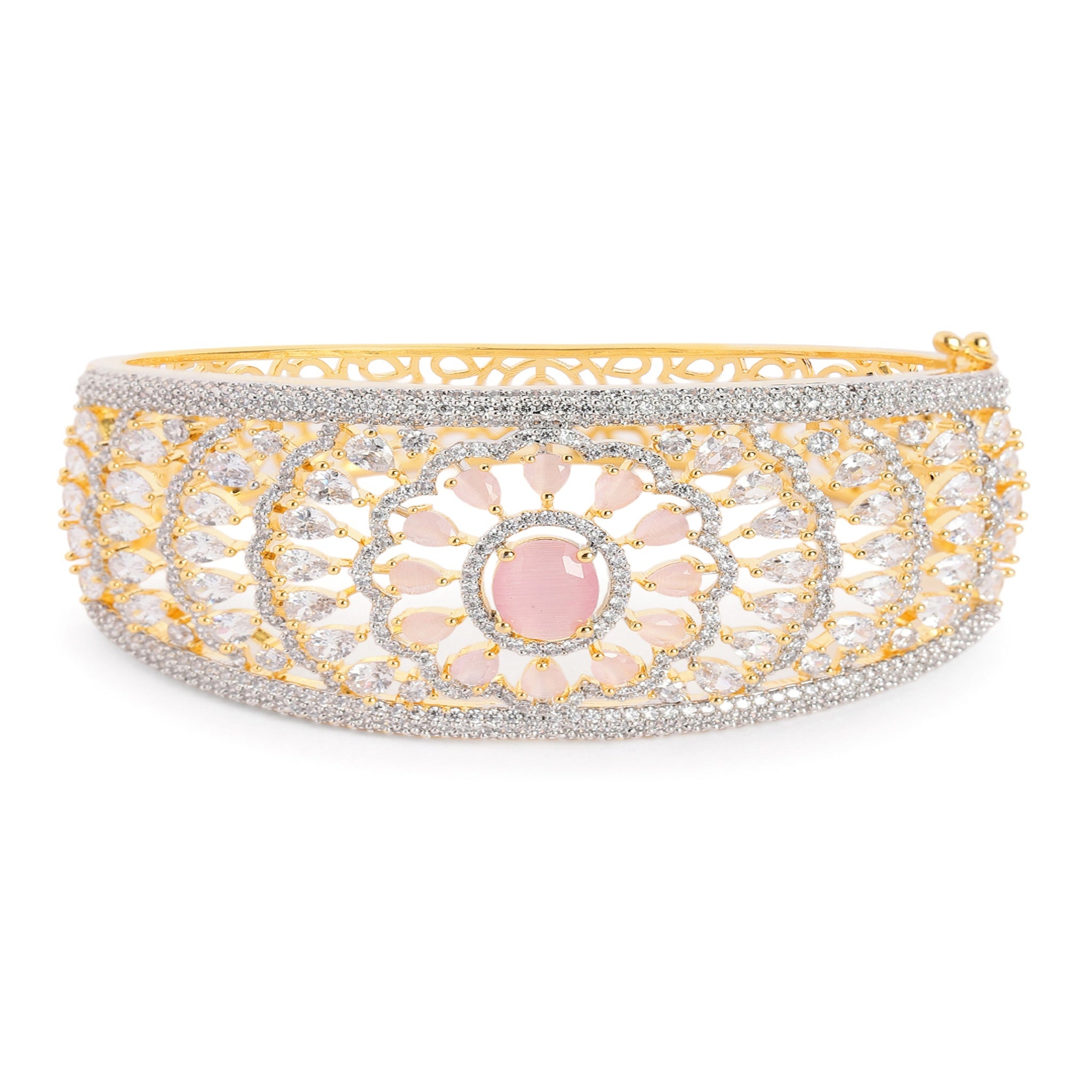 Women Gold-Plated Cubic Zirconia Studded Kada Bracelet-Pink