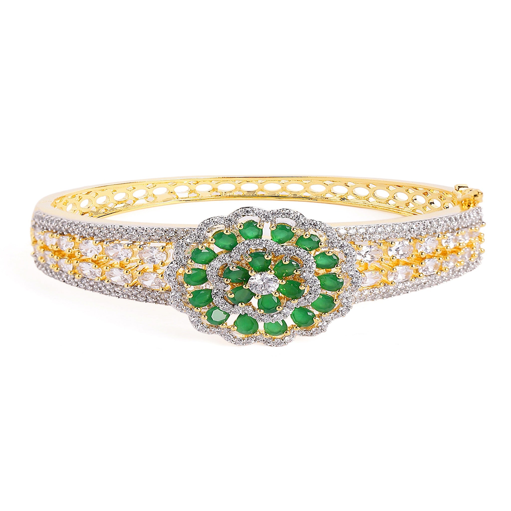 Women Cubic Zirconia Gold-Plated Kada Bracelet-Green
