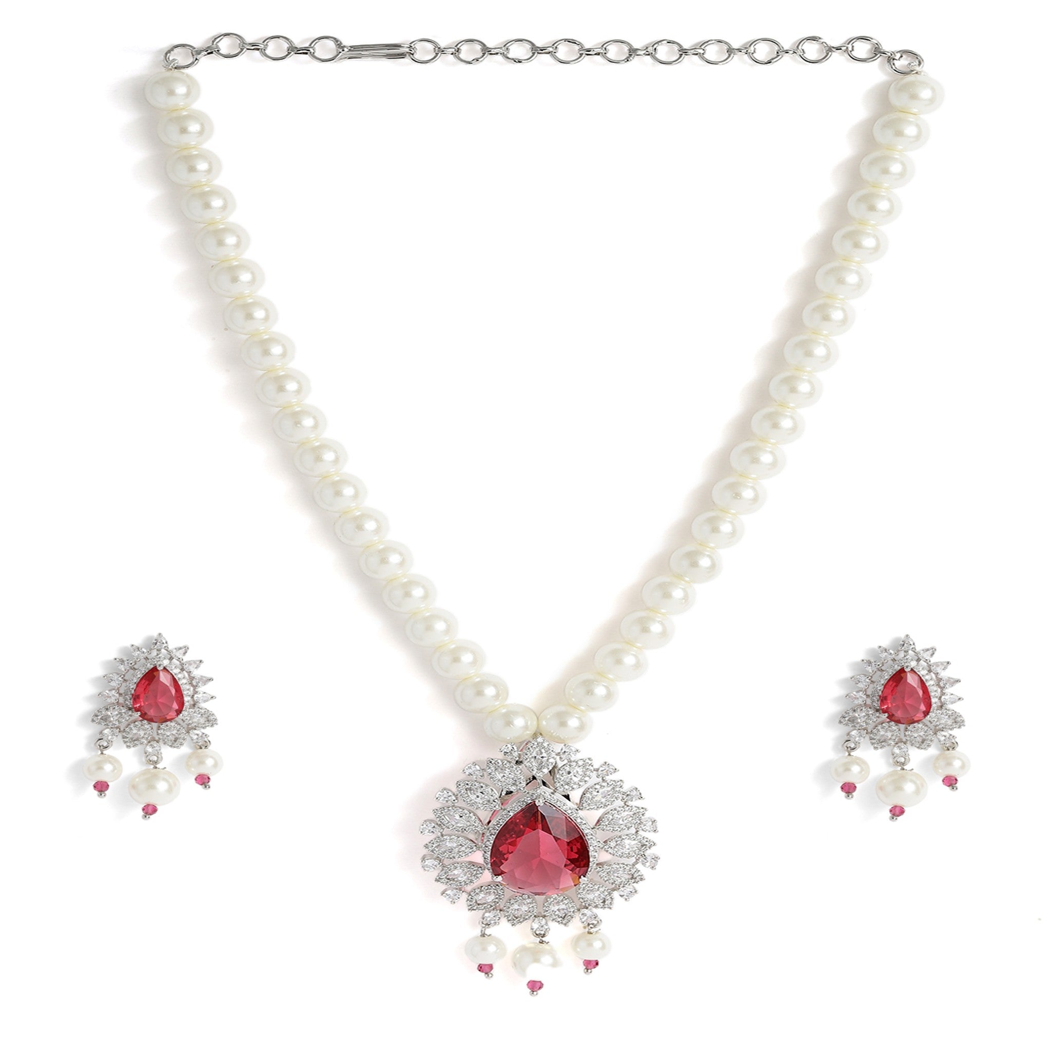 Rhodium-Plated Pearls & AD-Studded Rani Jewellery Set