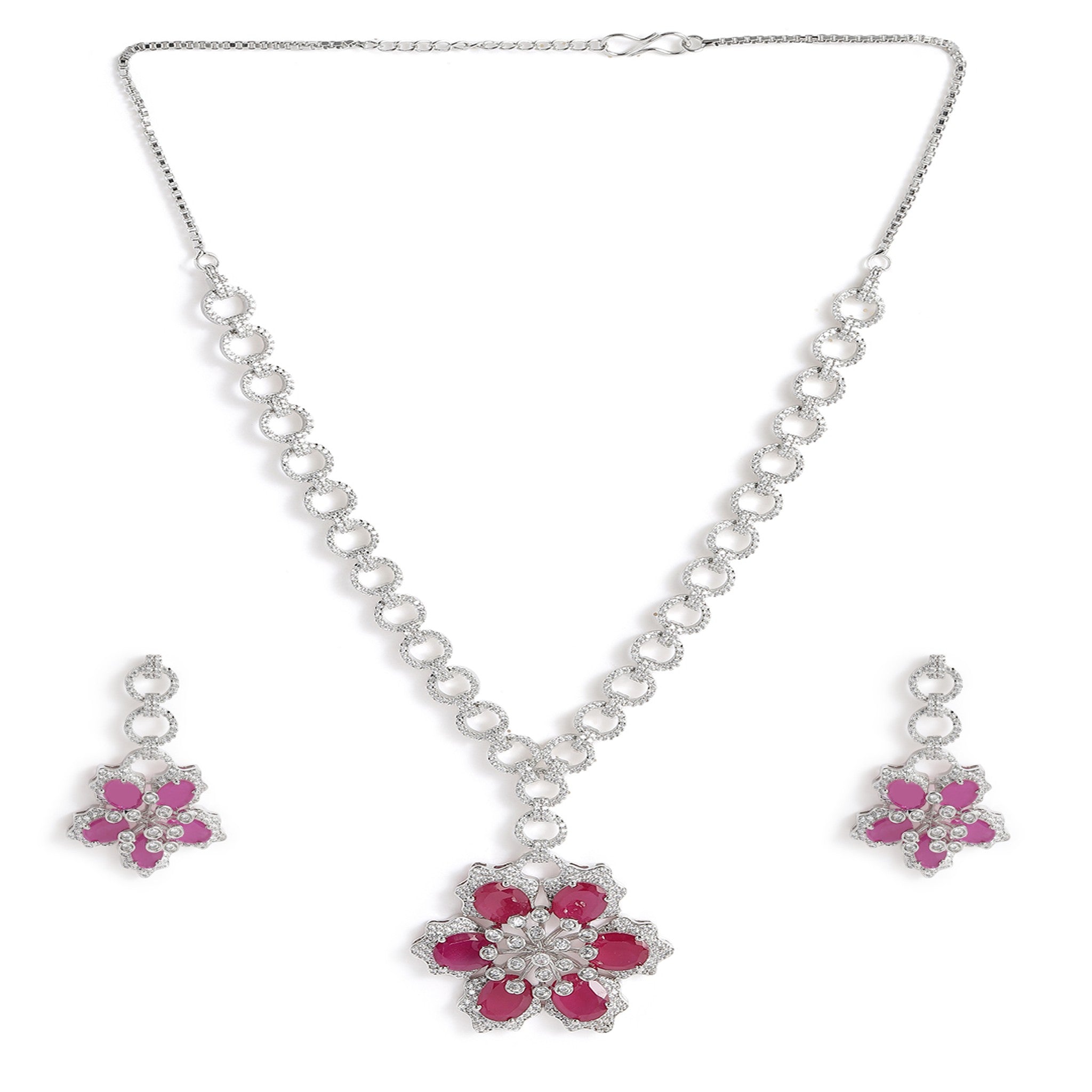 Rhodium-Plated Silver-Toned & White & Ruby AD-Studded Jewellery Set