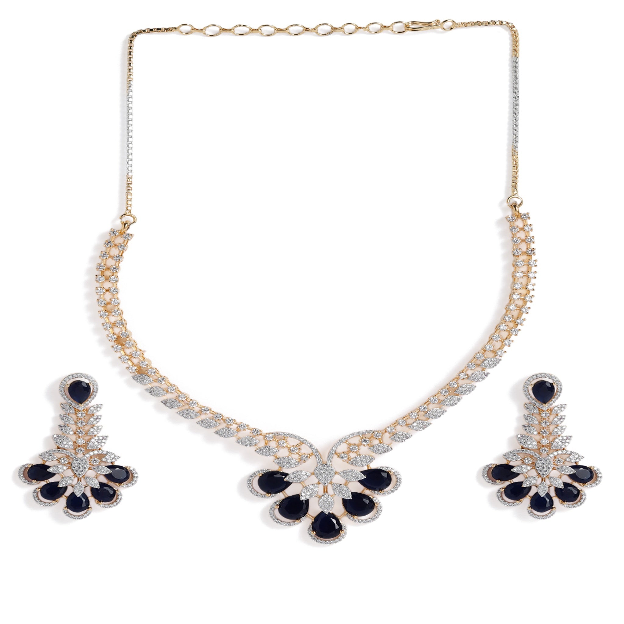 Gold Plated White & Blue AD-Studded Jewellery Set