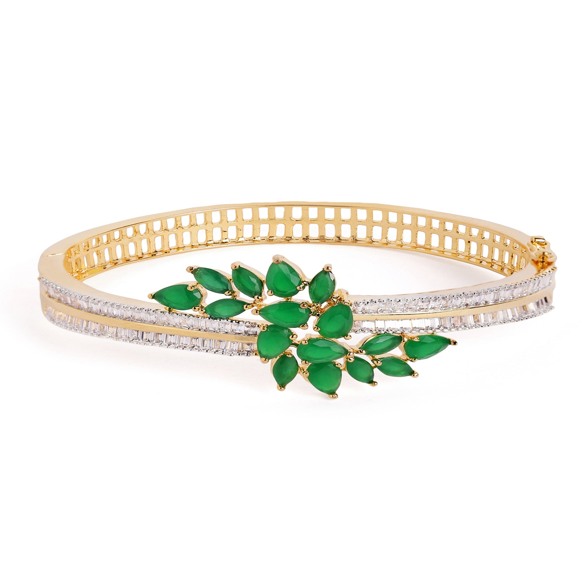 Women Cubic Zirconia Gold-Plated Kada Bracelet-Green