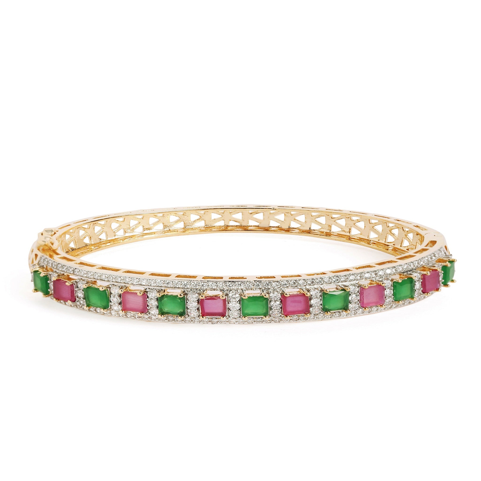 Women Cubic Zirconia Gold-Plated Kada Bracelet-Rubygreen