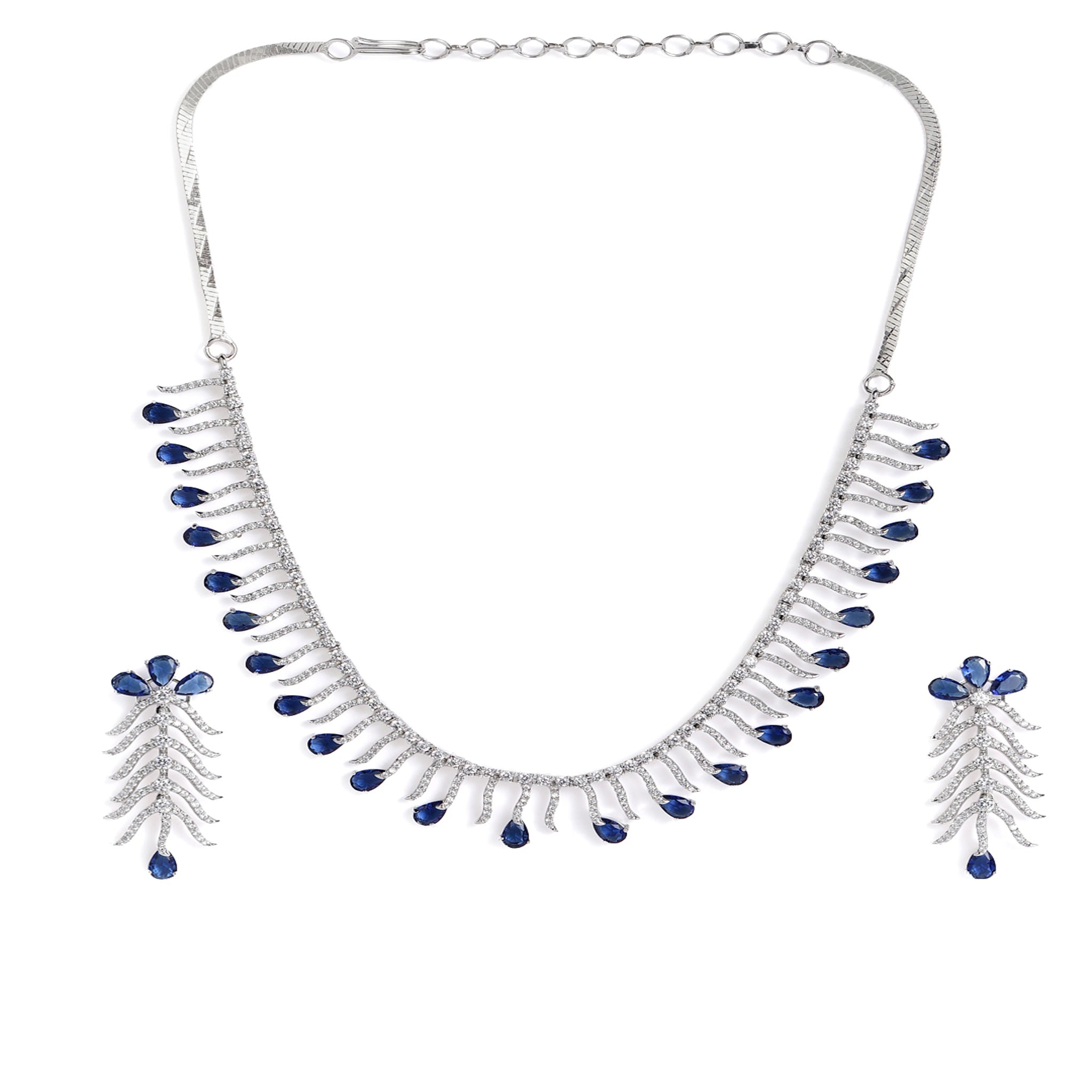 Rhodium-Plated White & Blue AD-Studded Jewellery Set