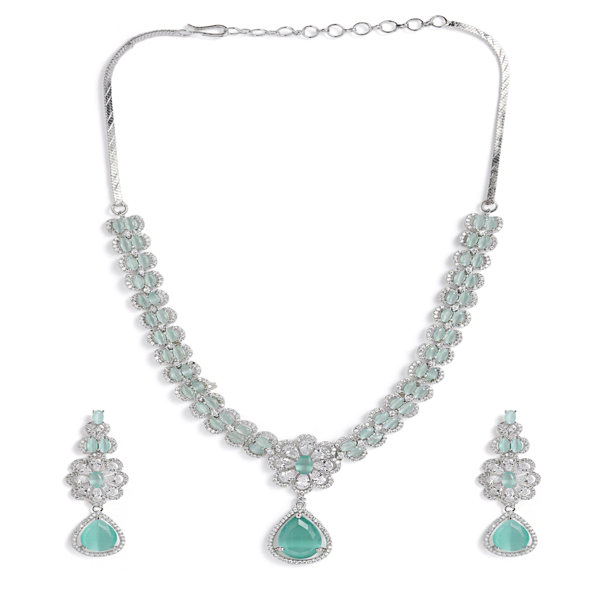 Rhodium-Plated Silver-Toned & Mint AD-Studded Jewellery Set