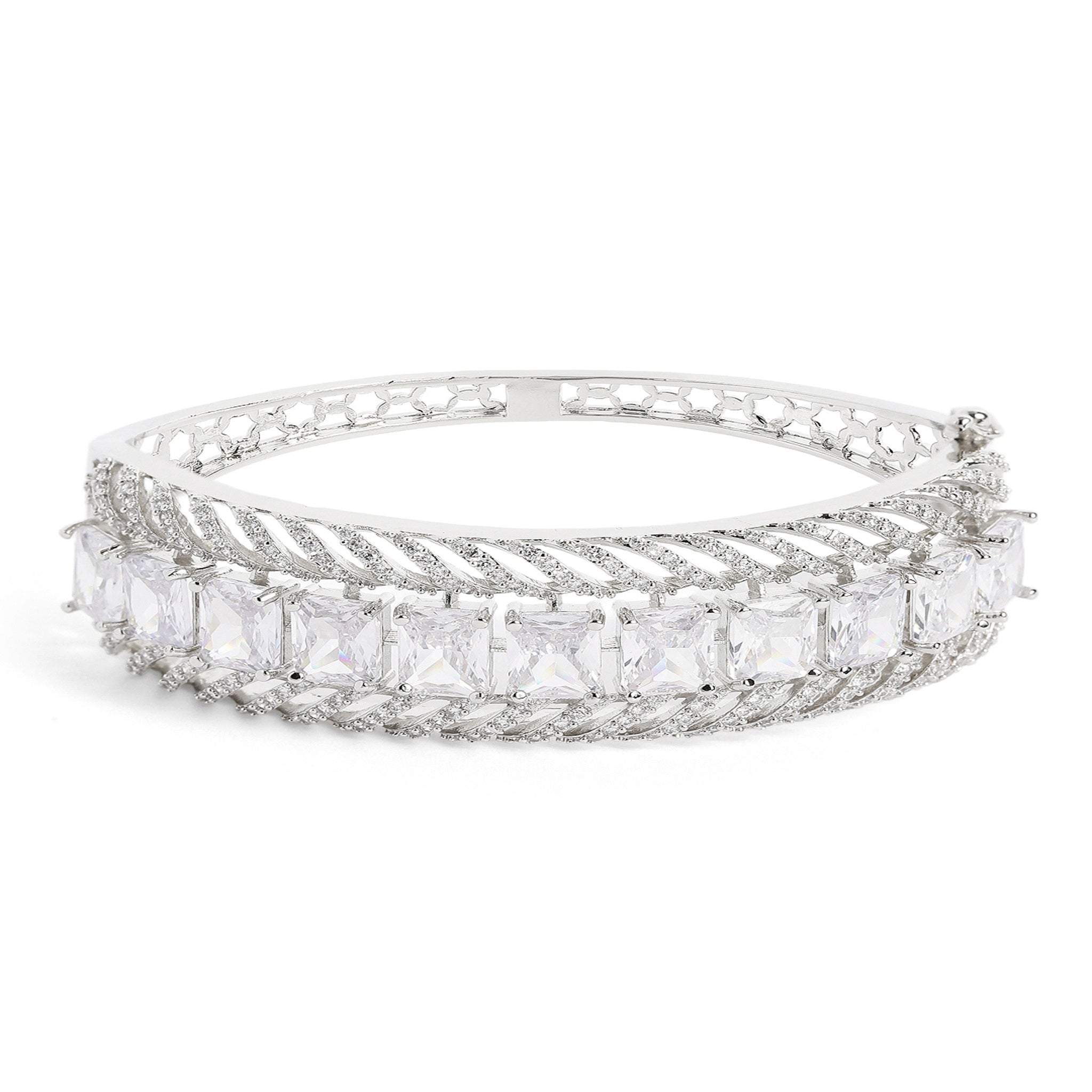Women Cubic Zirconia Rhodium-Plated Kada Bracelet-White