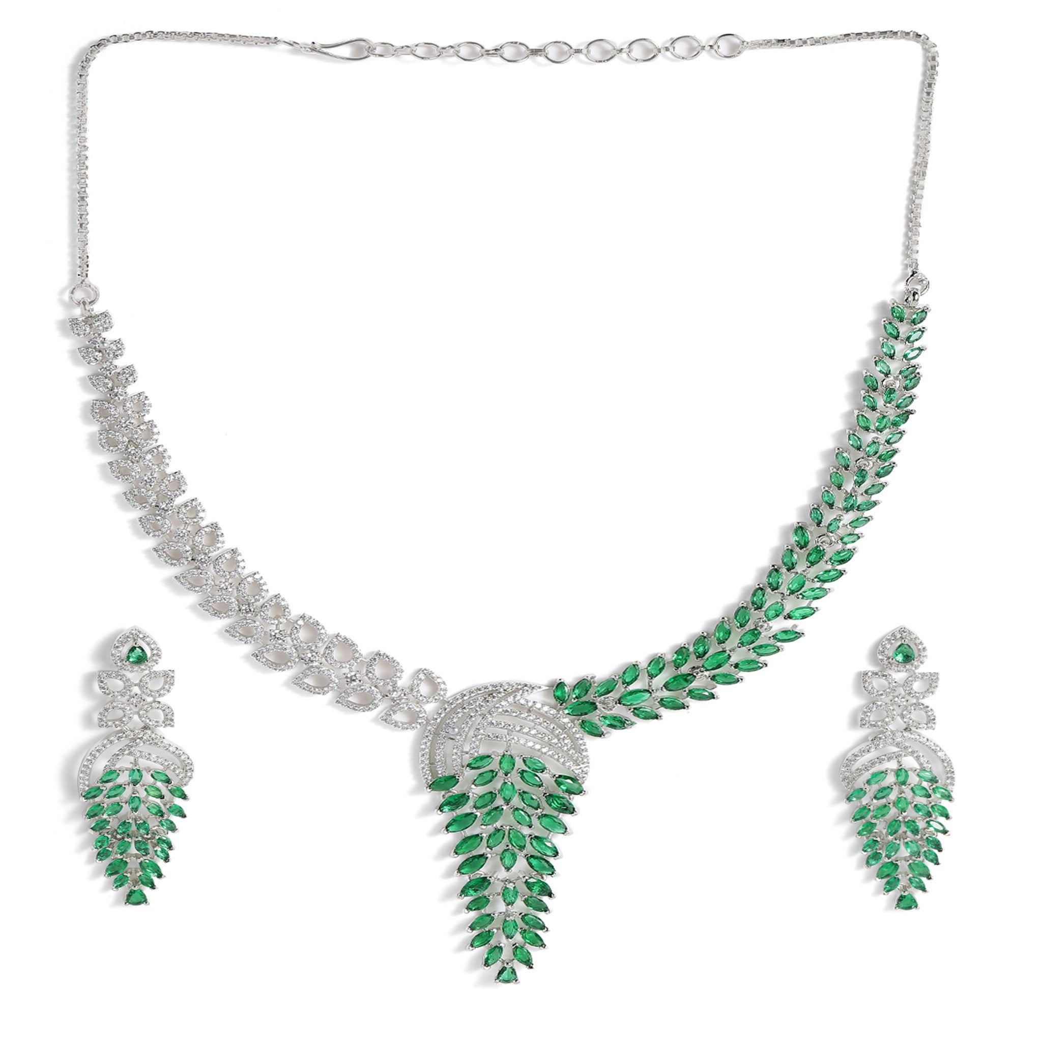 Rhodium-Plated White & Green AD-Studded Jewellery Set