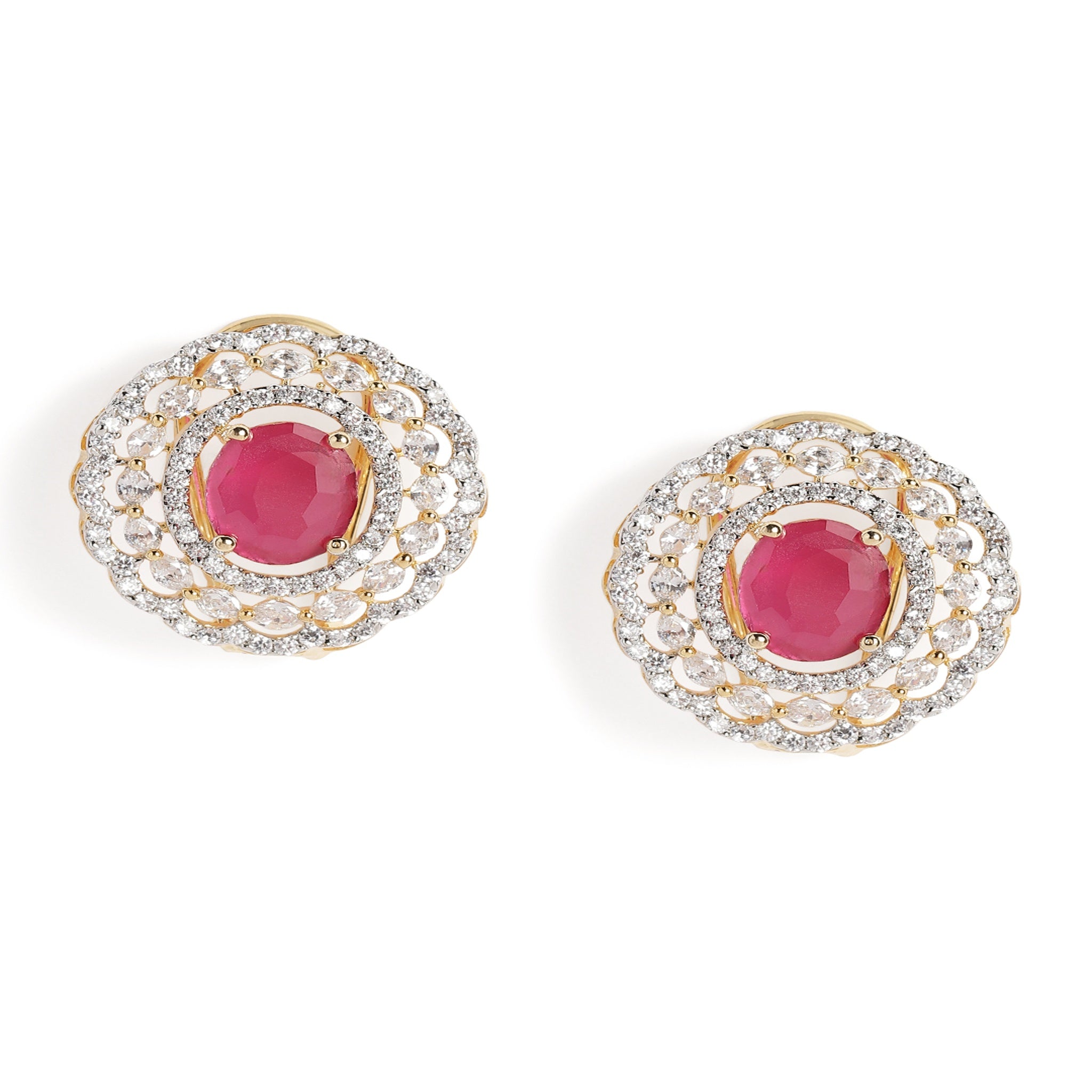 Gold Plated Ruby American Diamond Stud Earrings