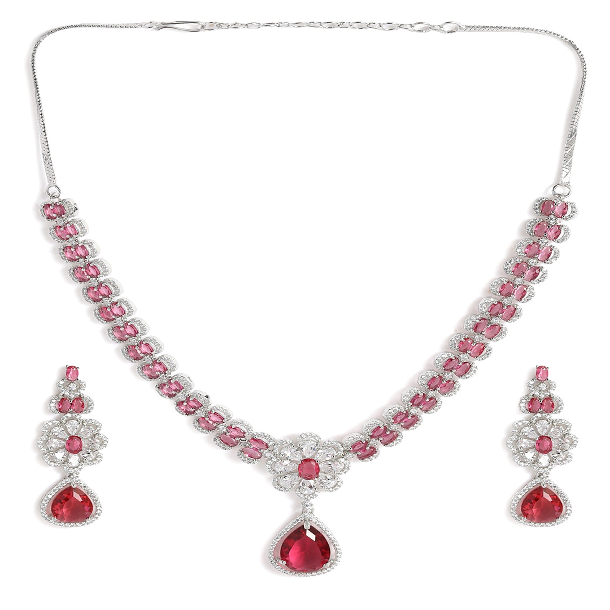 Rhodium-Plated Silver-Toned & Rani Pink AD-Studded Jewellery Set