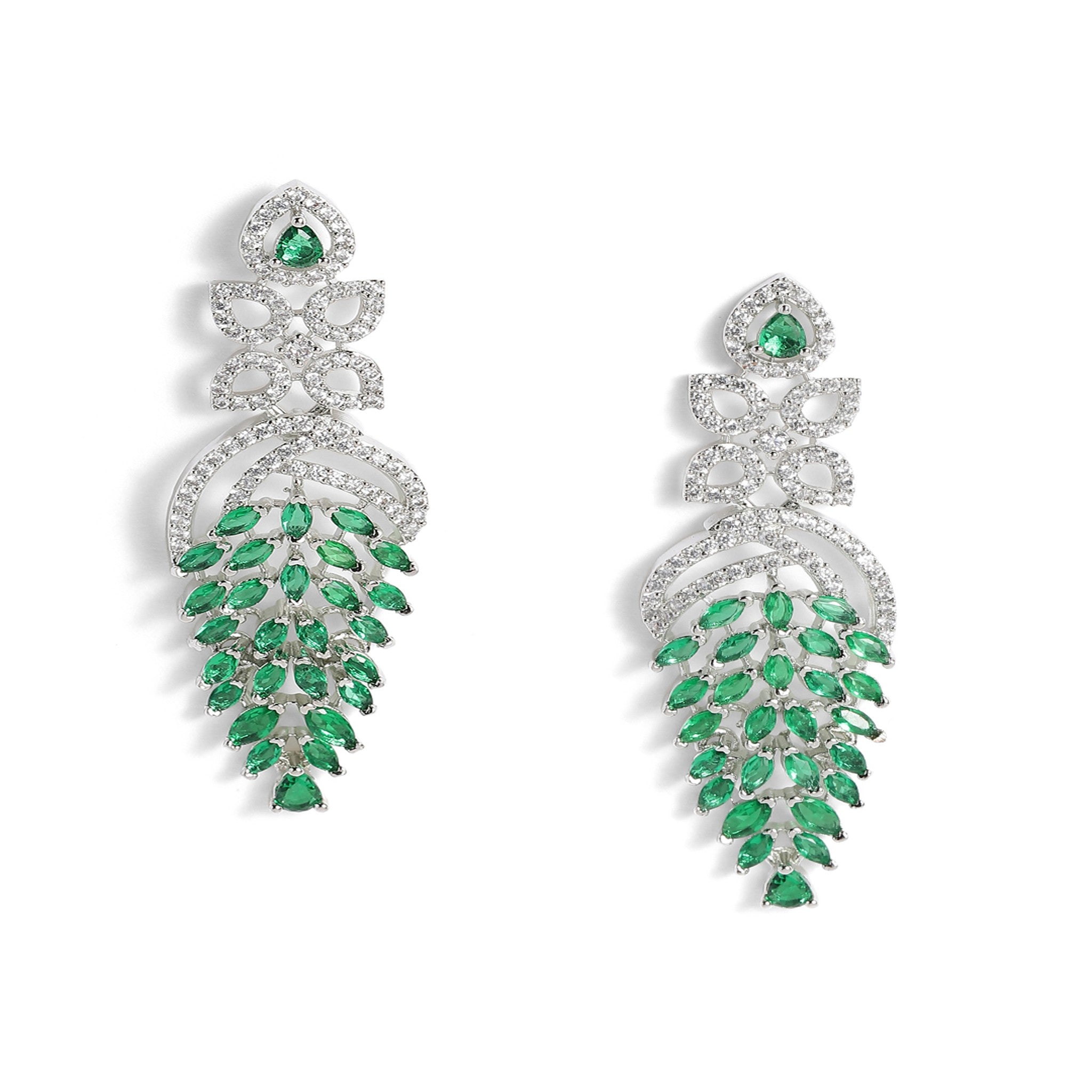 Rhodium-Plated White & Green AD-Studded Jewellery Set