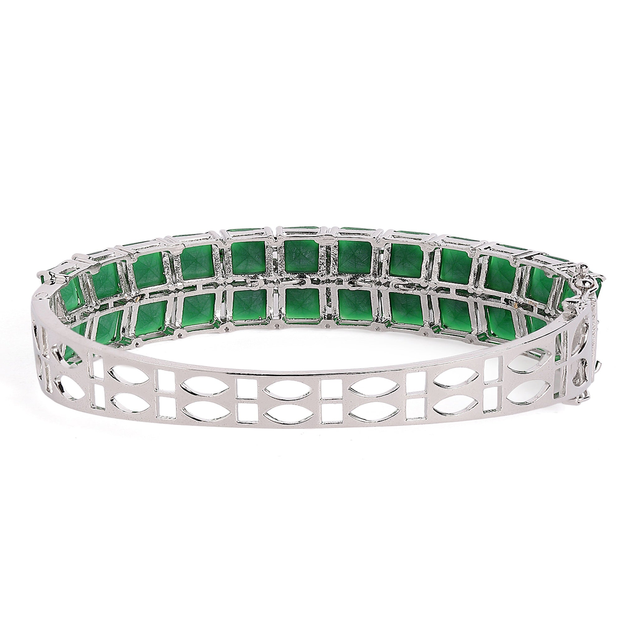 Women Cubic Zirconia Rhodium-Plated Kada Bracelet-Green