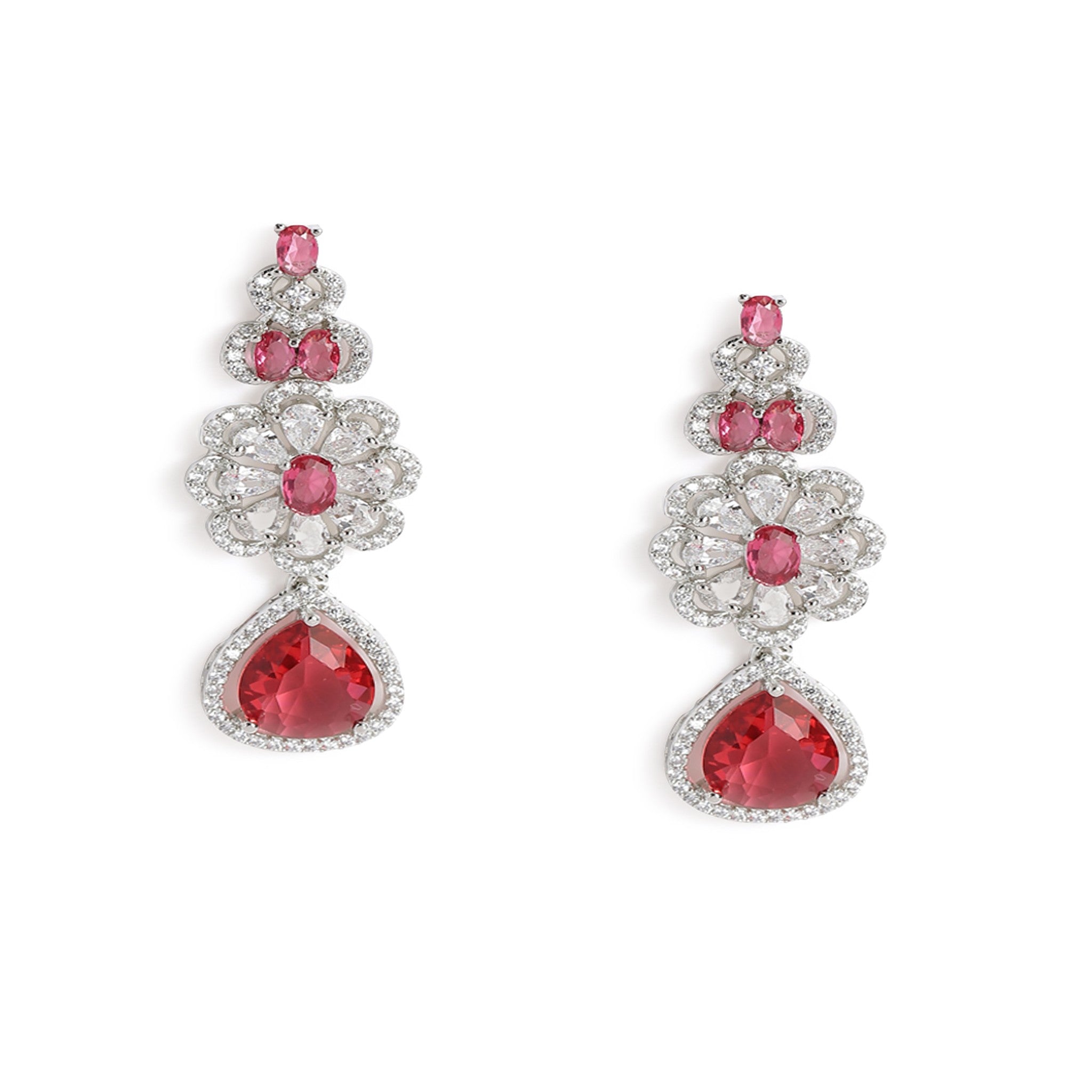 Rhodium-Plated Silver-Toned & Rani Pink AD-Studded Jewellery Set
