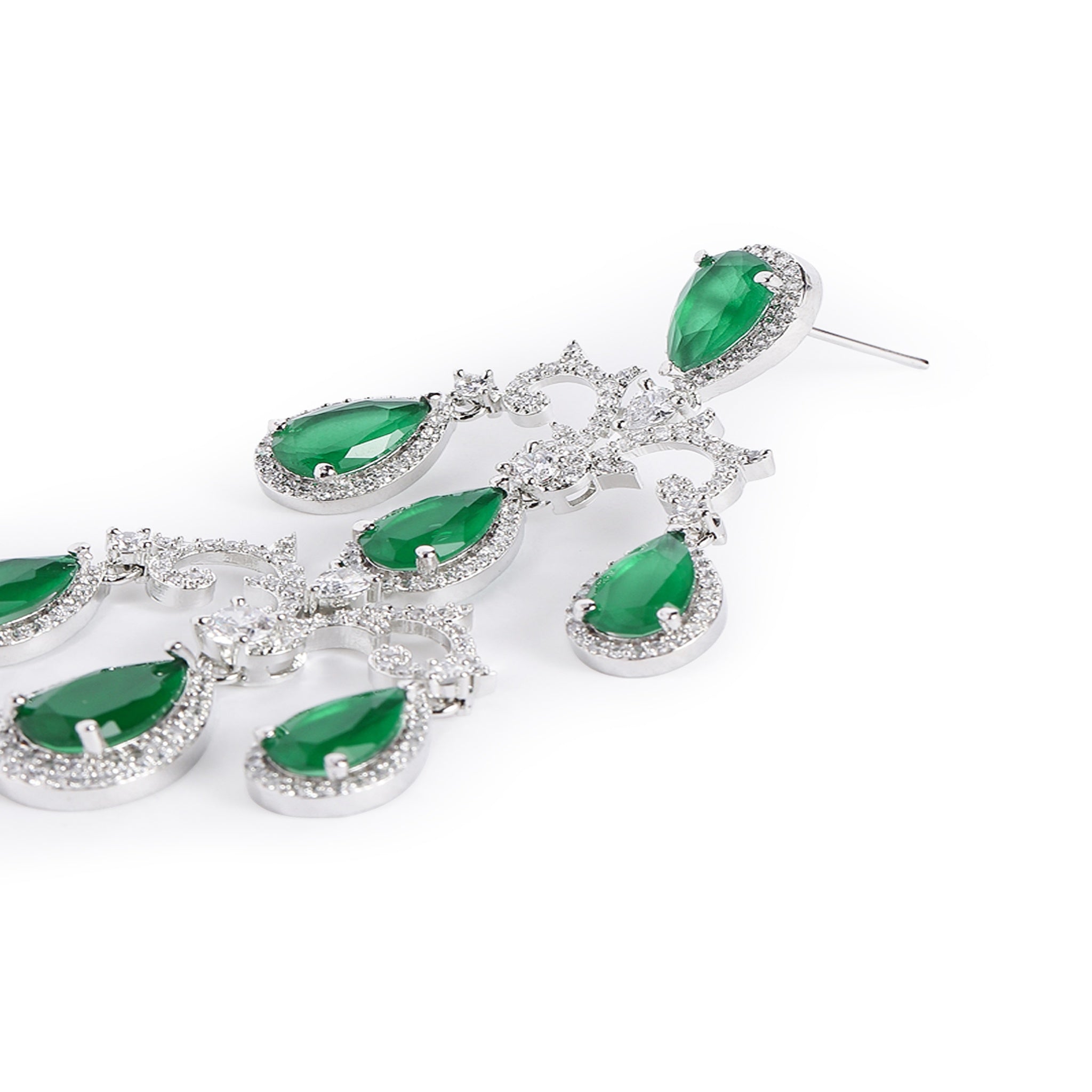 Silver-Toned Emerald Green American Diamonds Long Earrings