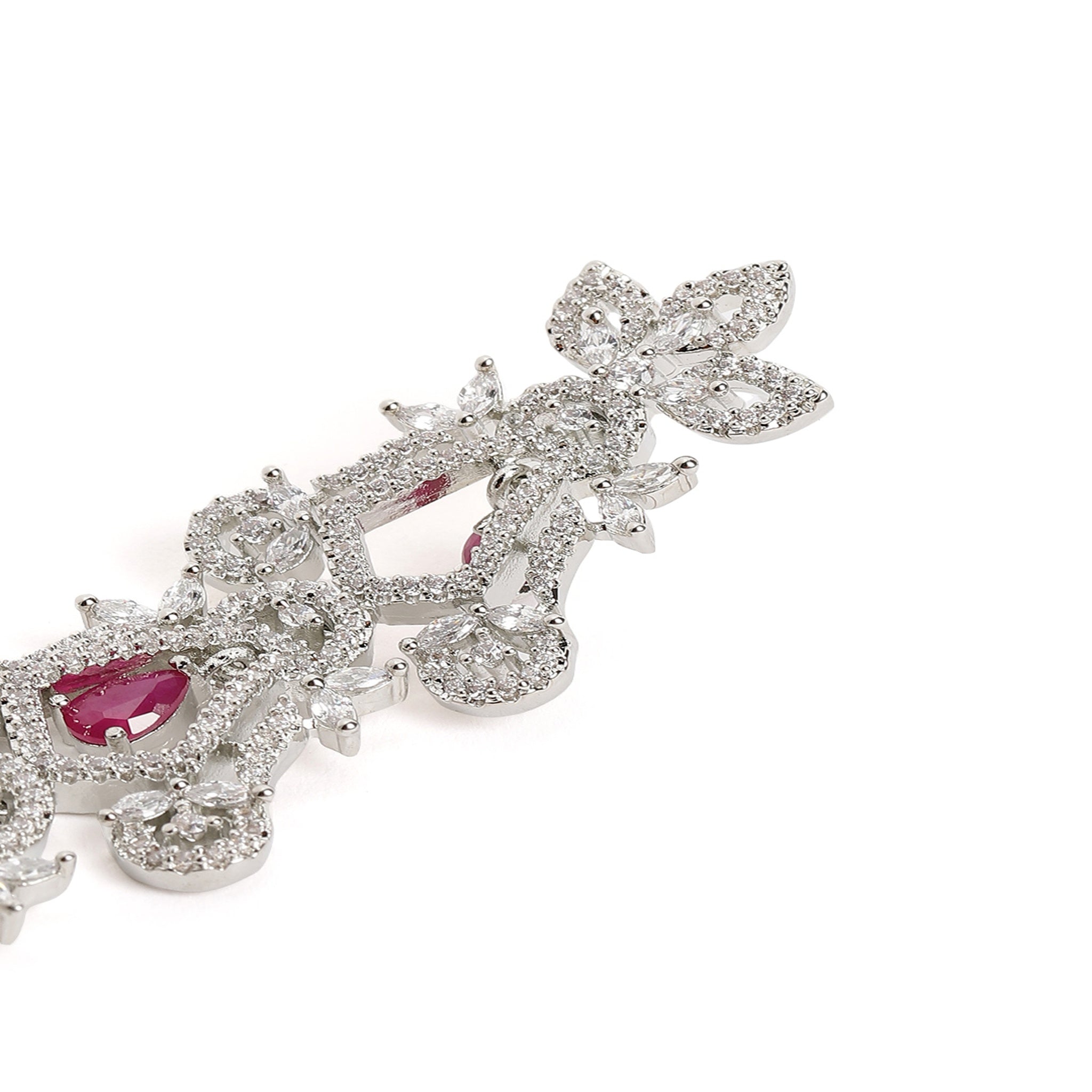 Silver-Toned Ruby Statement Dangler Long Earrings