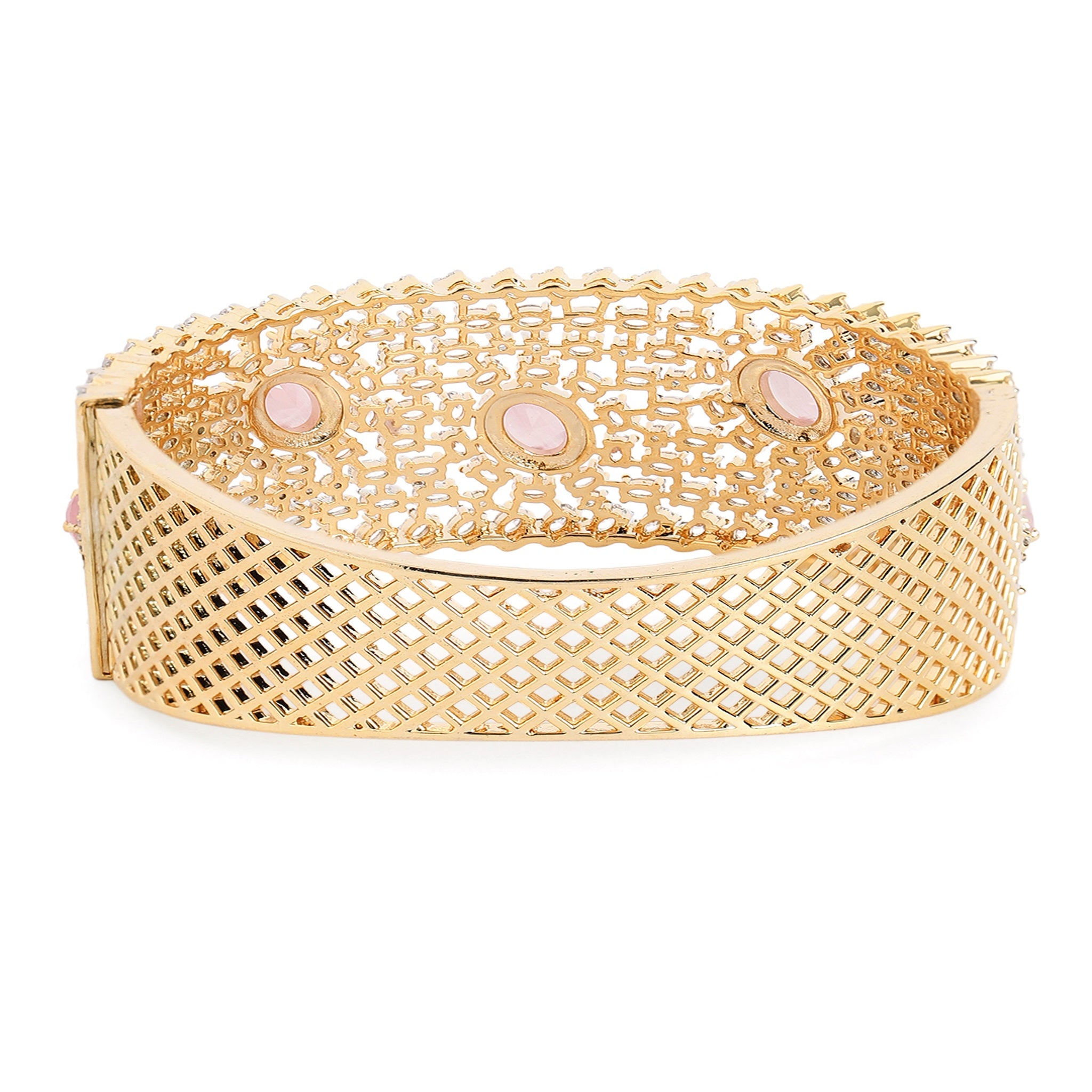 Women Gold-Plated Cubic Zirconia Studded Kada Bracelet-Pink