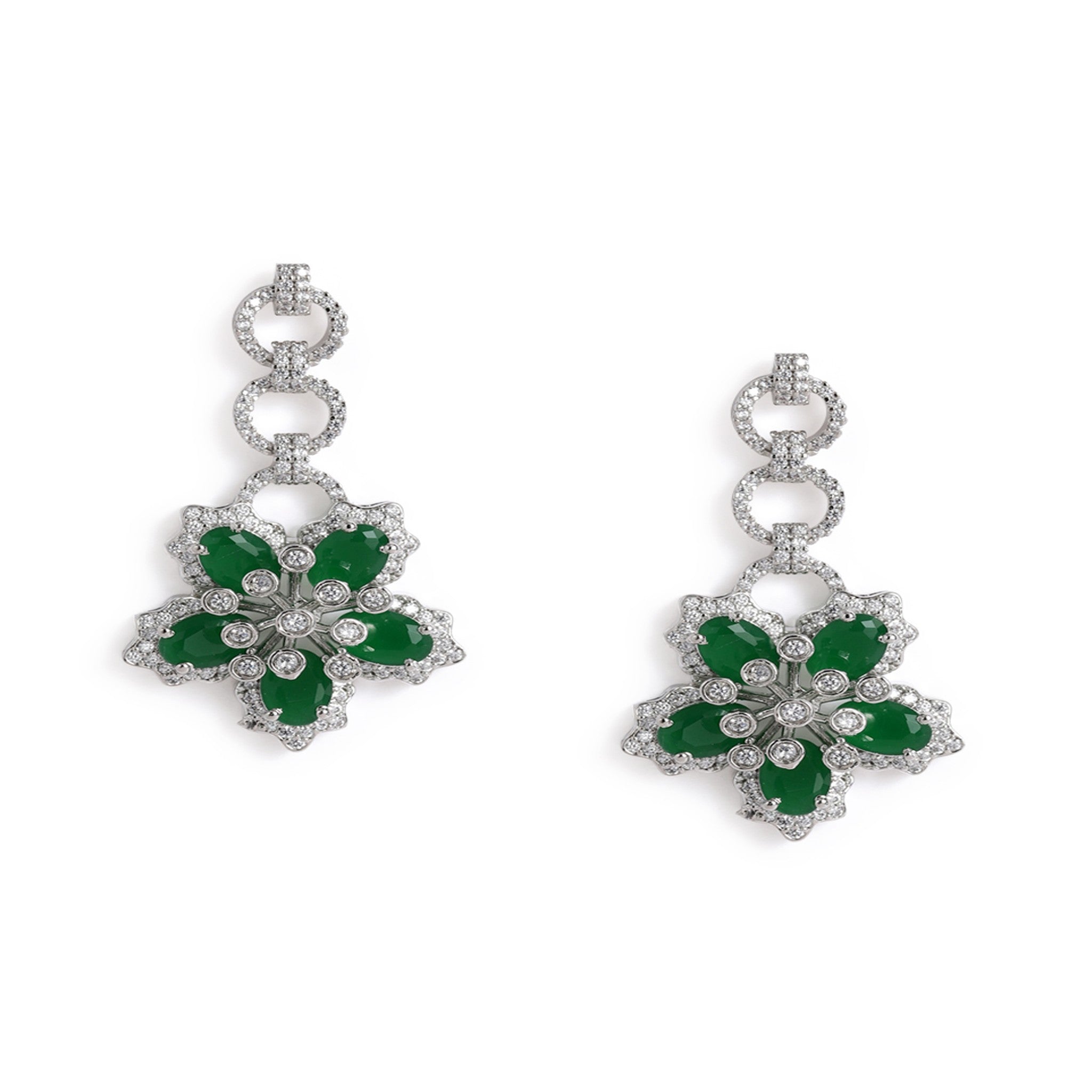 Rhodium-Plated Silver-Toned & White & Green AD-Studded Jewellery Set