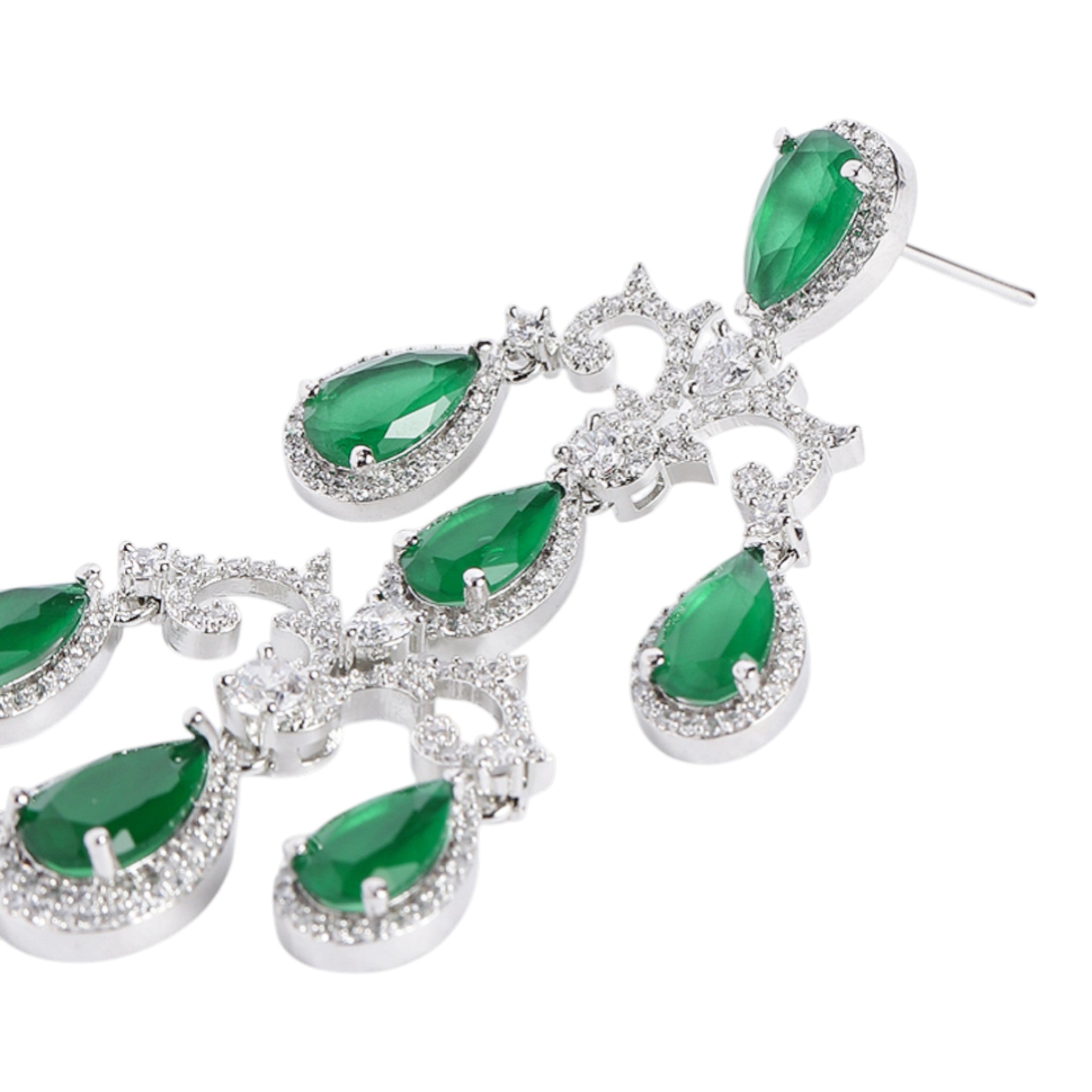 Silver-Toned Emerald Green American Diamonds Long Earrings
