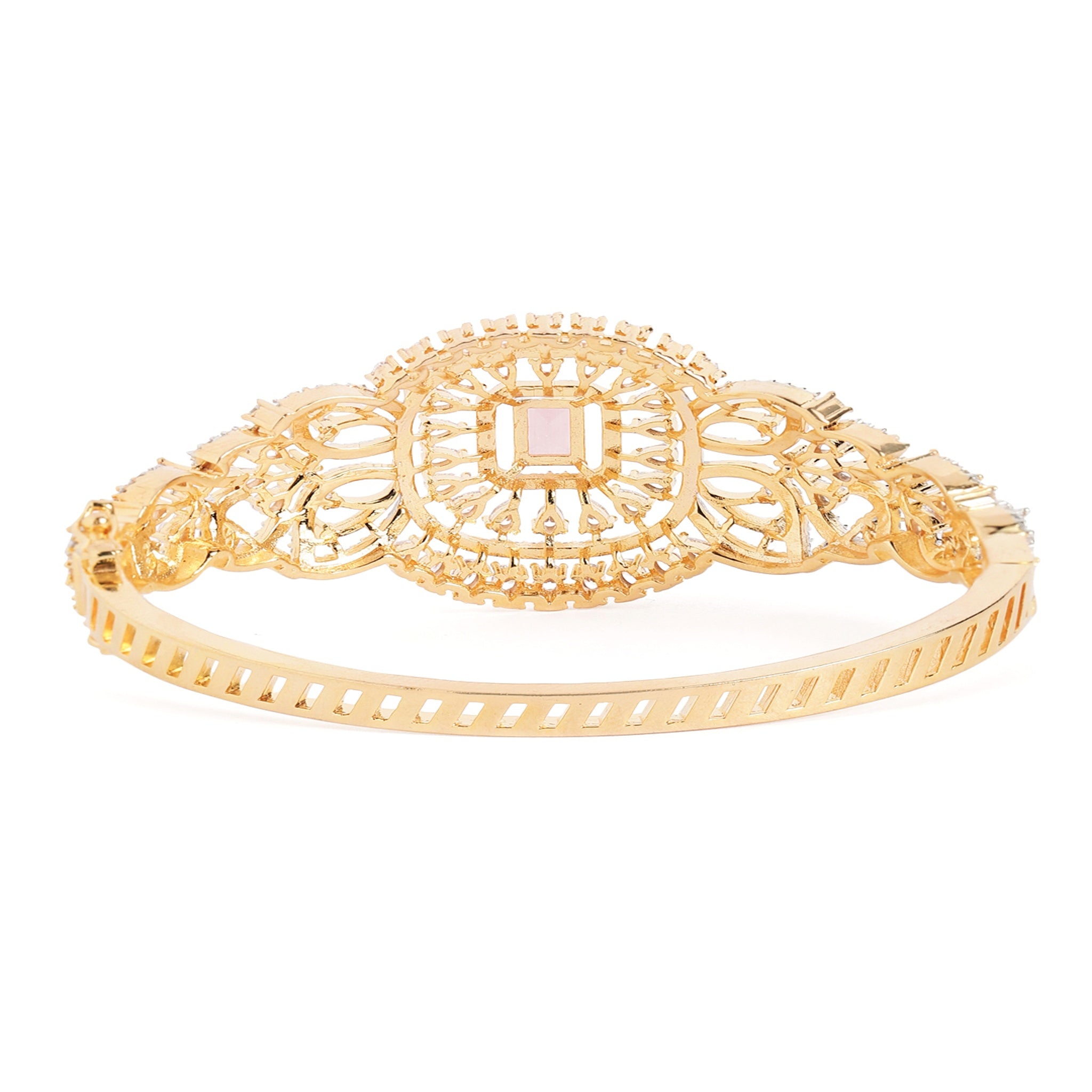 Women Gold-Plated Cubic Zirconia Studded Kada Bracelet-Pink