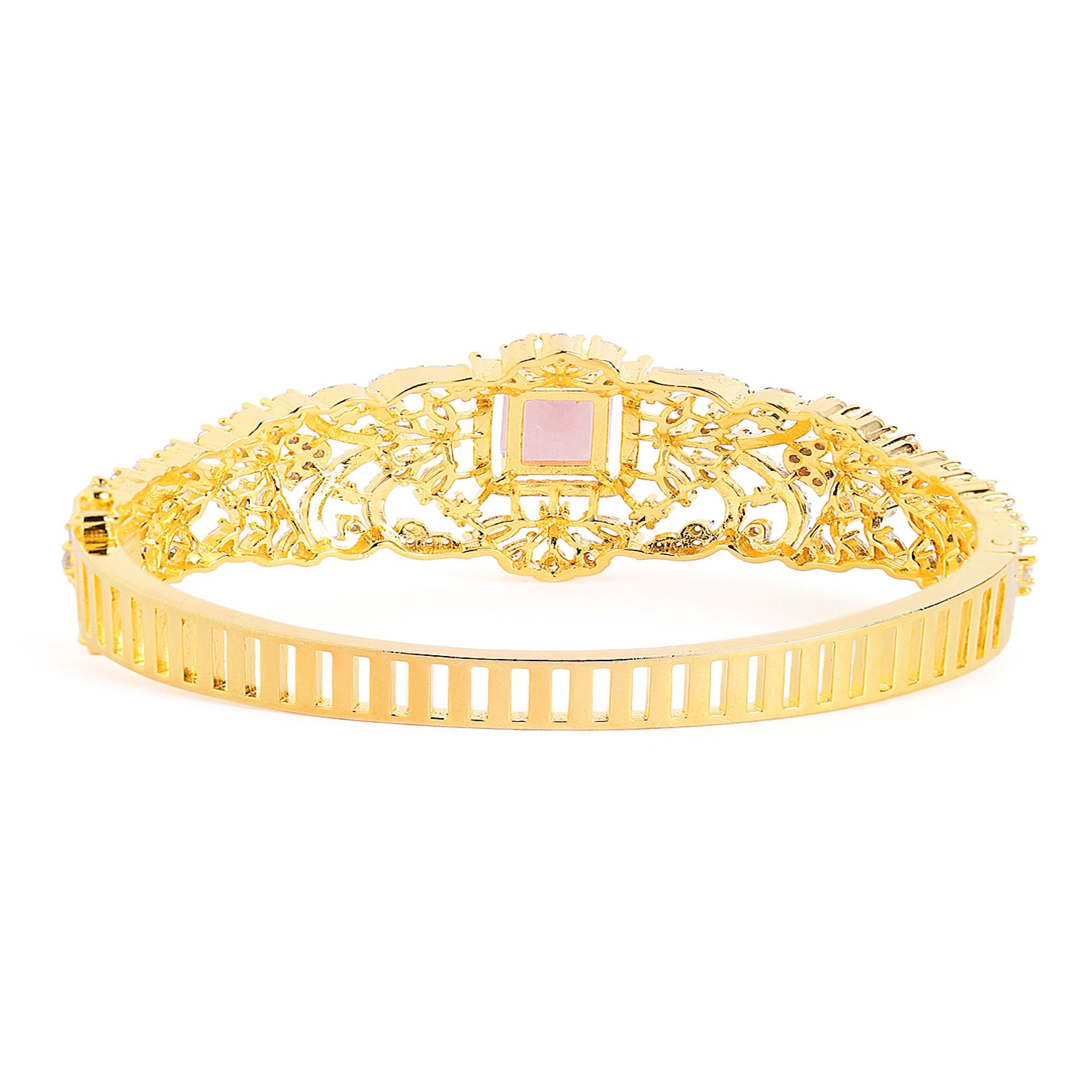 Women Gold-Plated Cubic Zirconia Studded Kada Bracelet-Pink