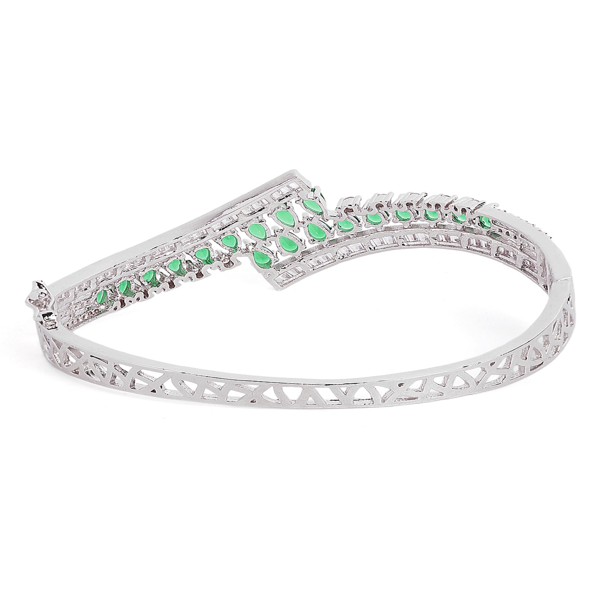Women Cubic Zirconia Rhodium-Plated Kada Bracelet-Green