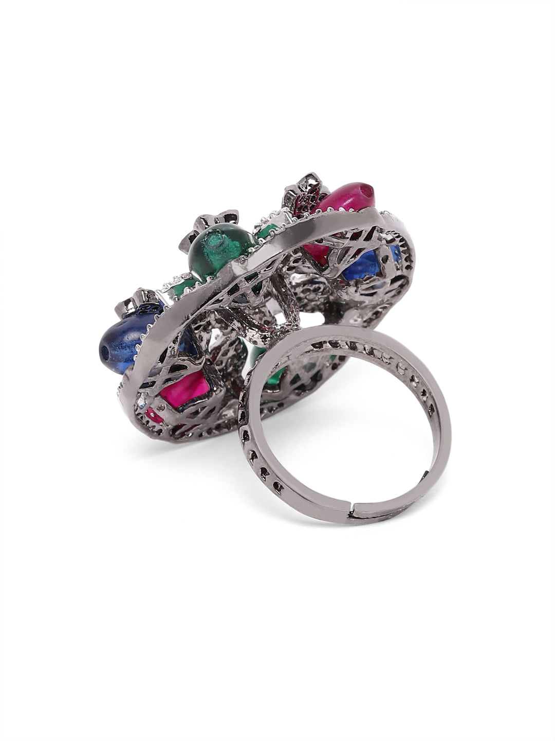 Lavish Giftz Adjustable Cubic Zirconia Rani Green Blue Statement Ring With Black Plating
