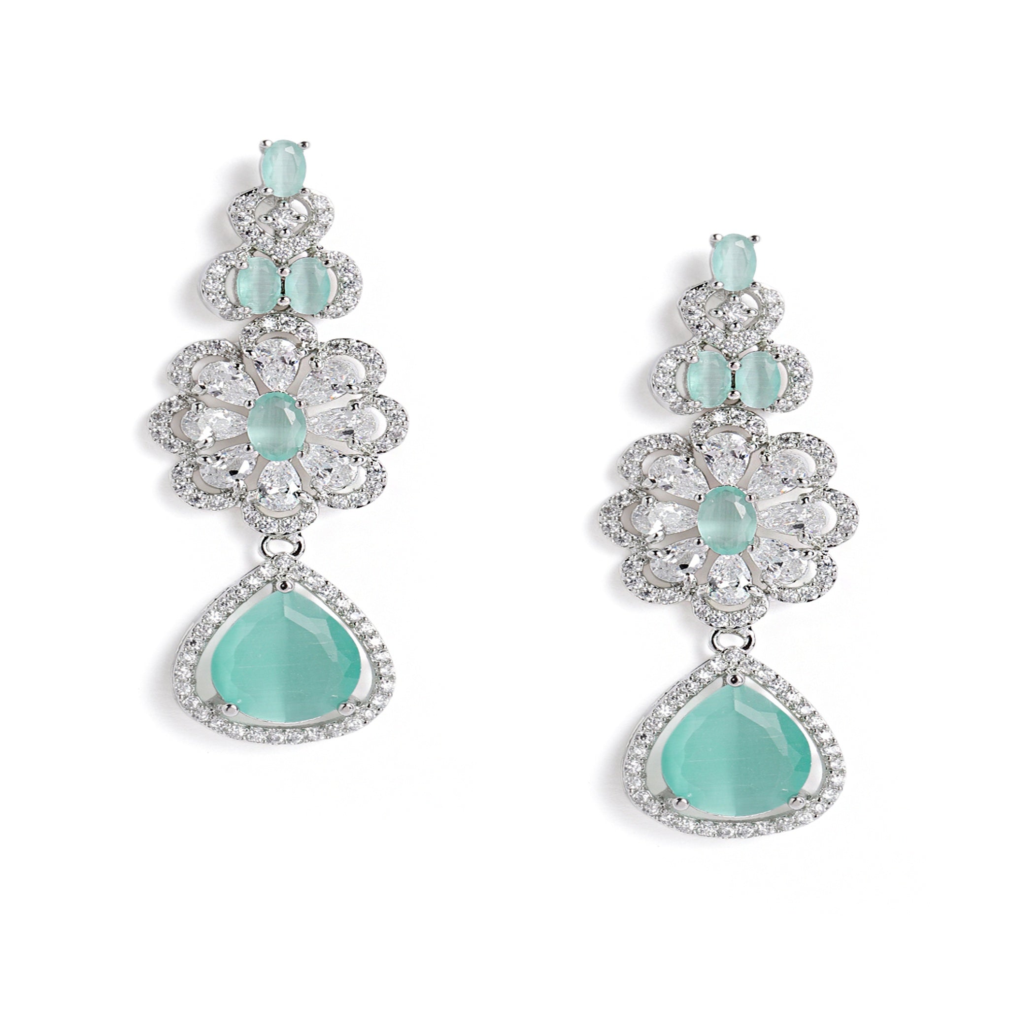 Rhodium-Plated Silver-Toned & Mint AD-Studded Jewellery Set