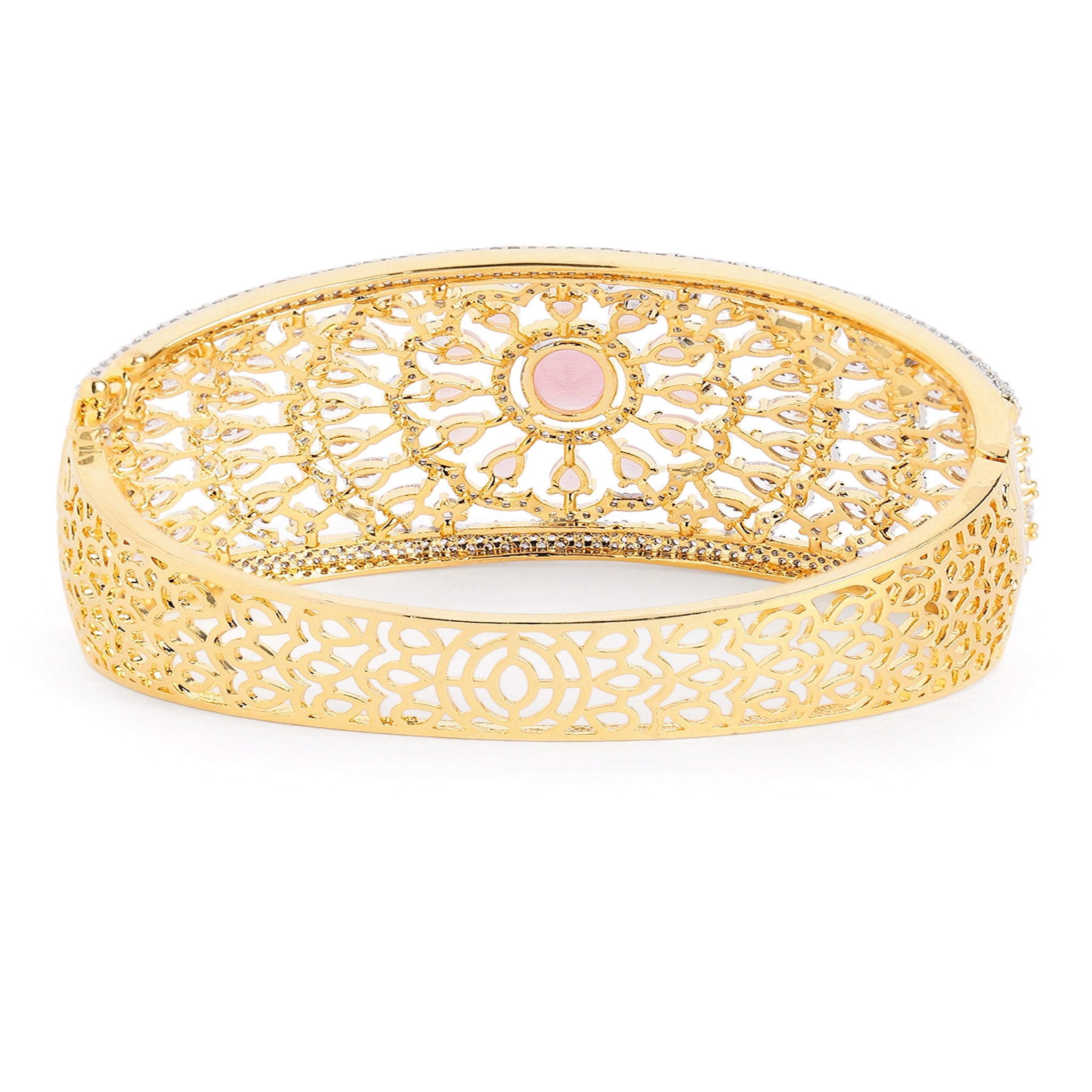 Women Gold-Plated Cubic Zirconia Studded Kada Bracelet-Pink