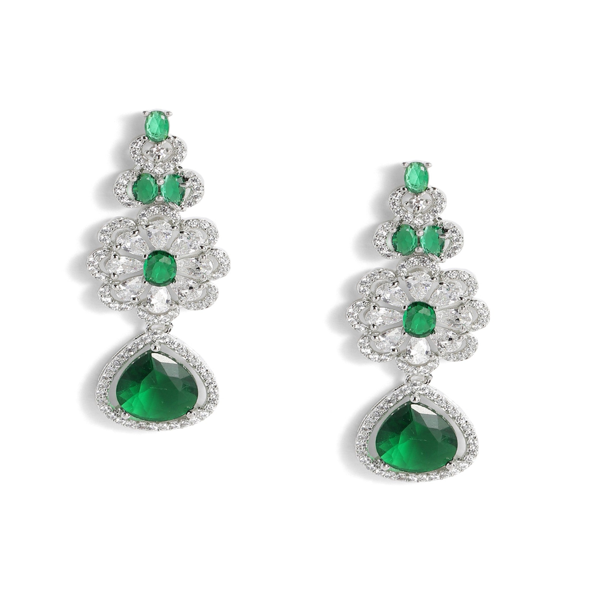 Rhodium-Plated Silver-Toned & Green AD-Studded Jewellery Set