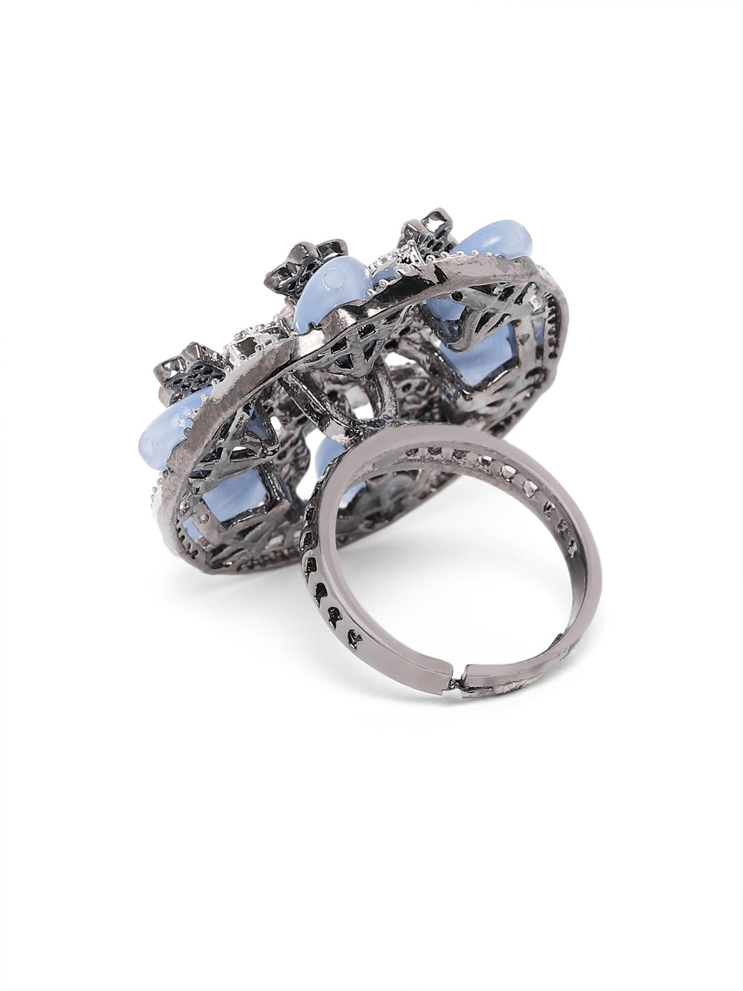 Lavish Giftz Adjustable Cubic Zirconia Light Blue Statement Ring With Black Plating