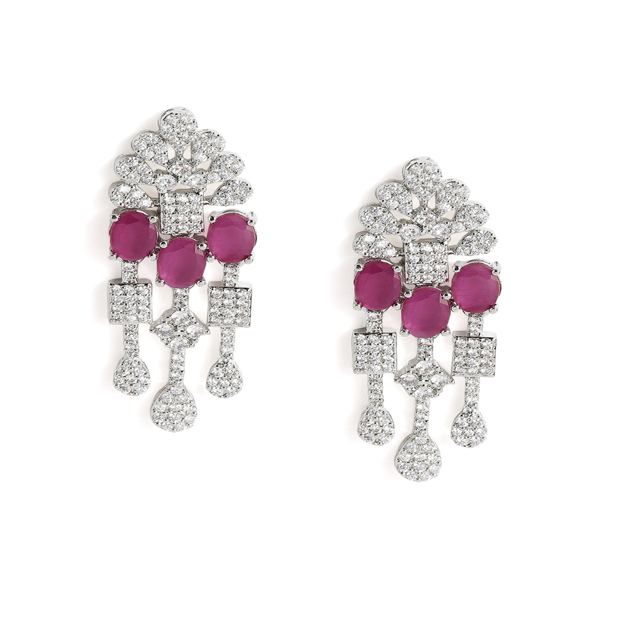 Rhodium-Plated Silver-Toned & Ruby AD-Studded Jewellery Set