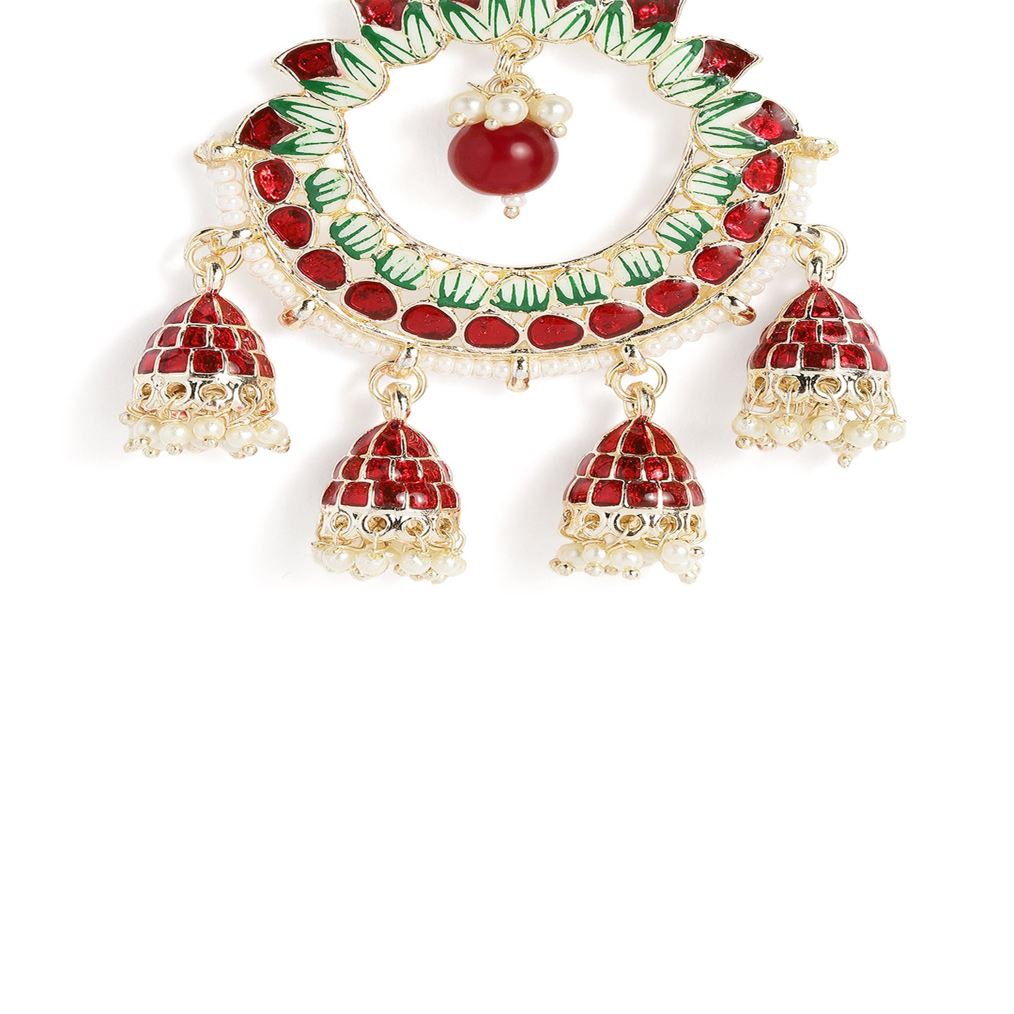 Classic Maroon Green Gold-Plated Cresent Shaped Drop Earrings