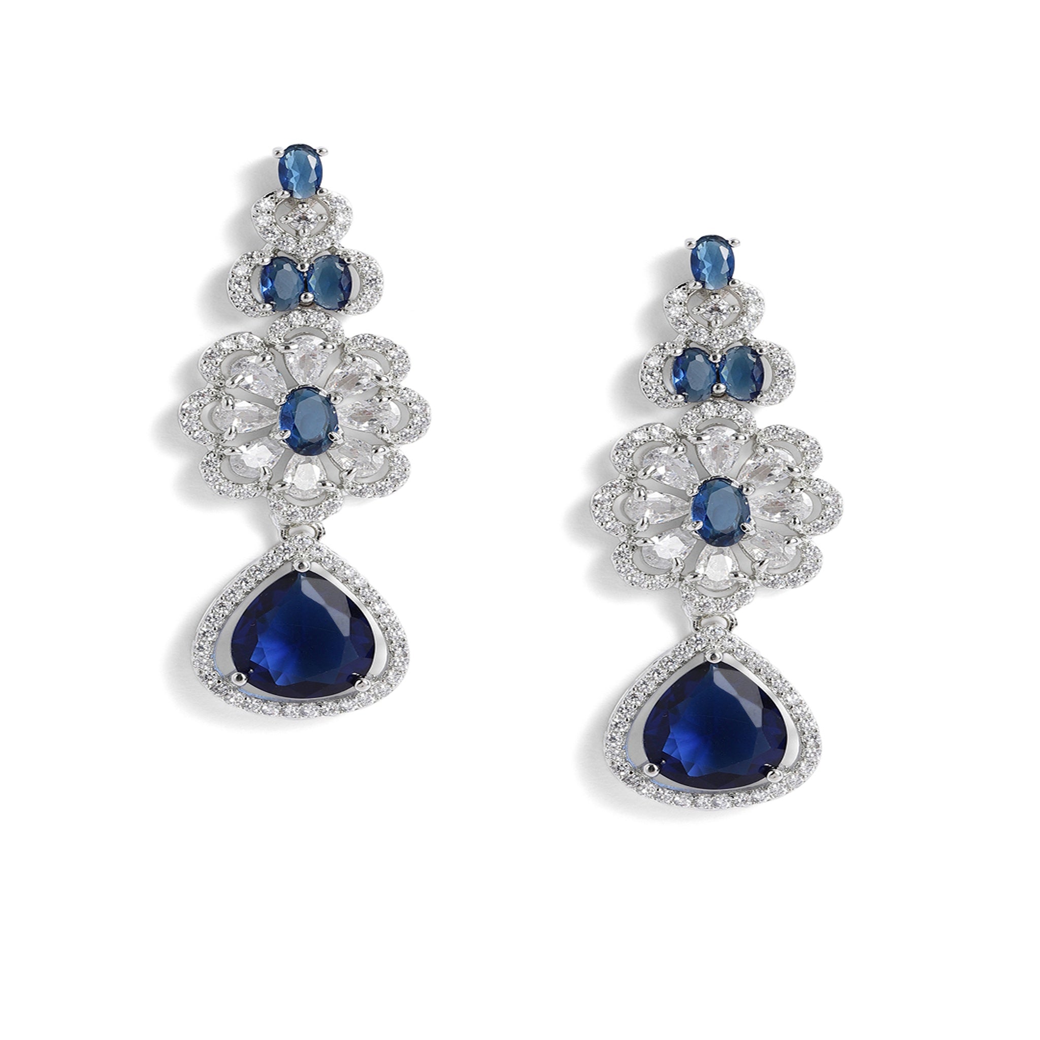 Rhodium-Plated Silver-Toned & Blue AD-Studded Jewellery Set