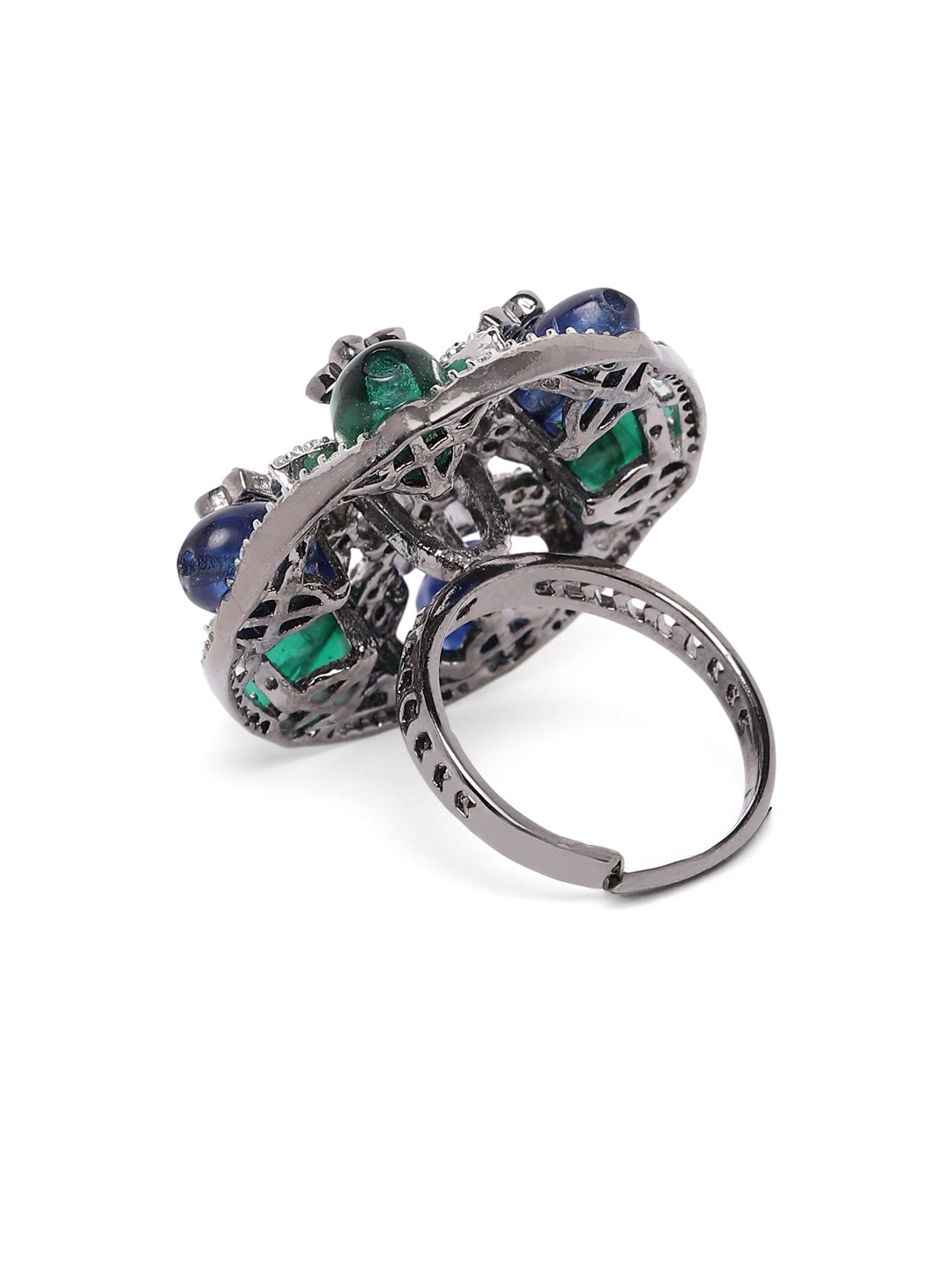 Lavish Giftz Adjustable Cubic Zirconia Blue Green Statement Ring With Black Plating