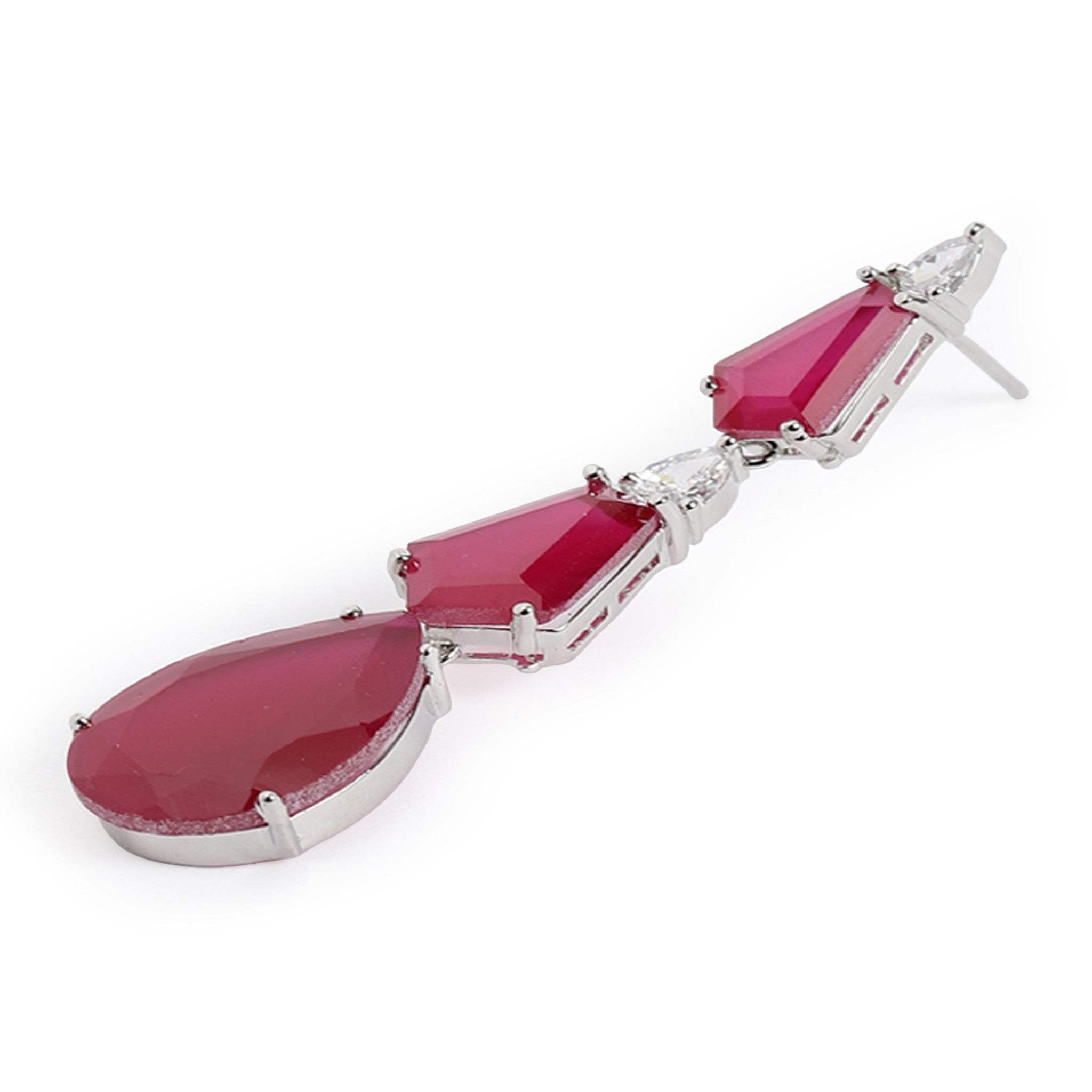 Rhodium-Plated Silver-Toned & Ruby Pink AD-Studded Jewellery Set
