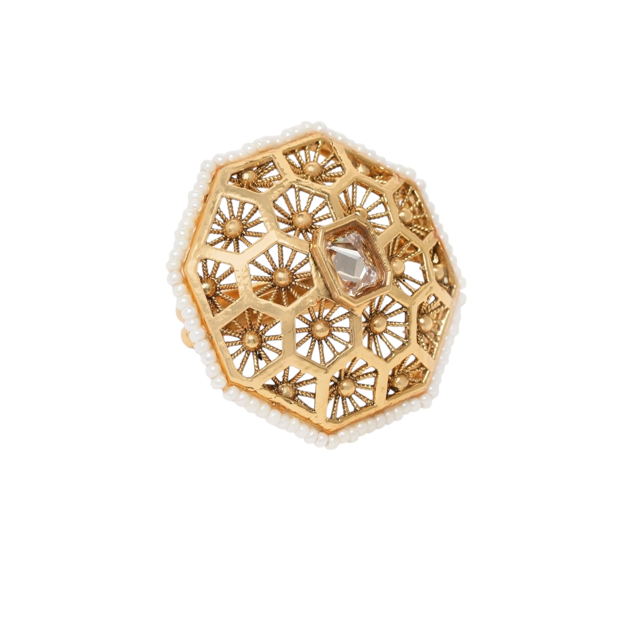 Lavish Giftz Gold-Plated Antique Adjustable Kundan Handcrafted Finger Ring With Pearl Accents