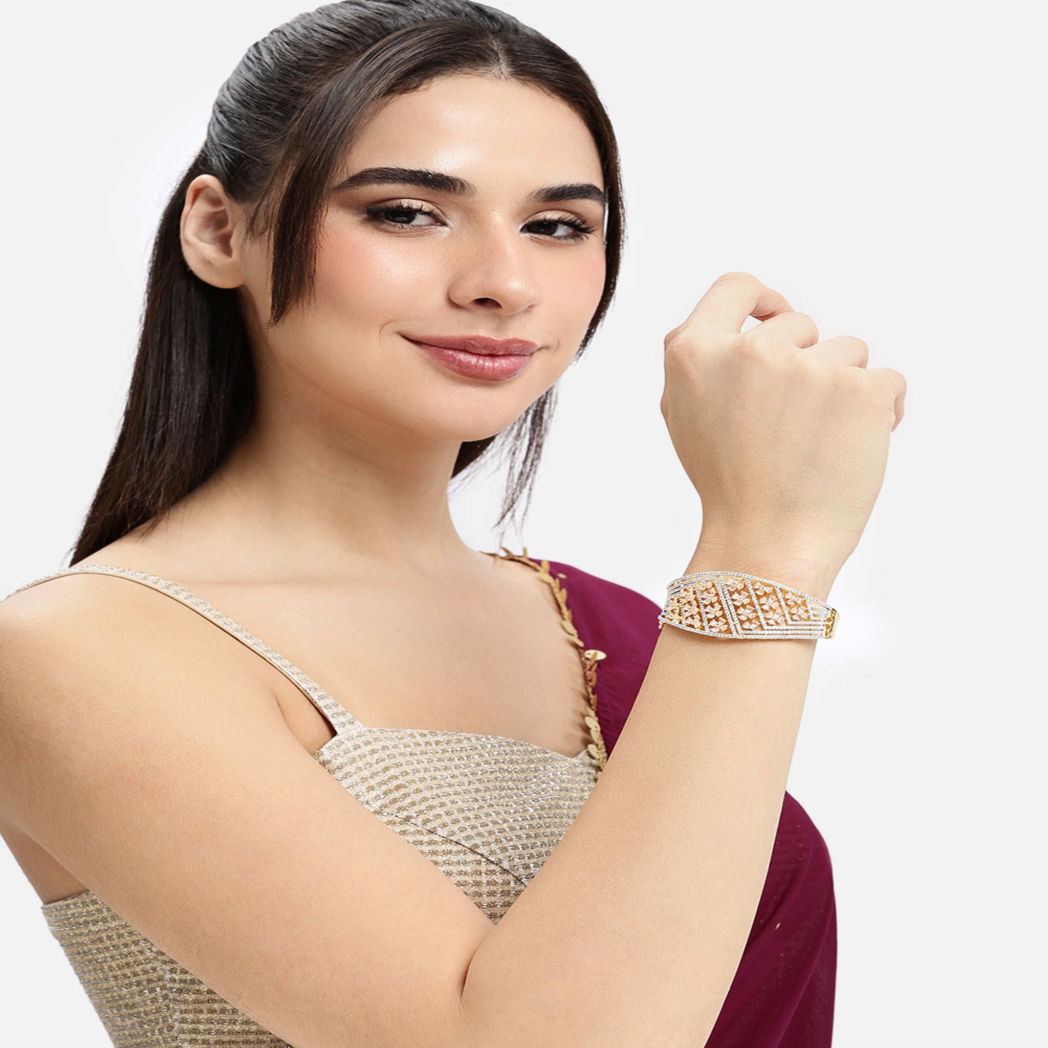 Women Gold-Plated Cubic Zirconia Studded Kada Bracelet