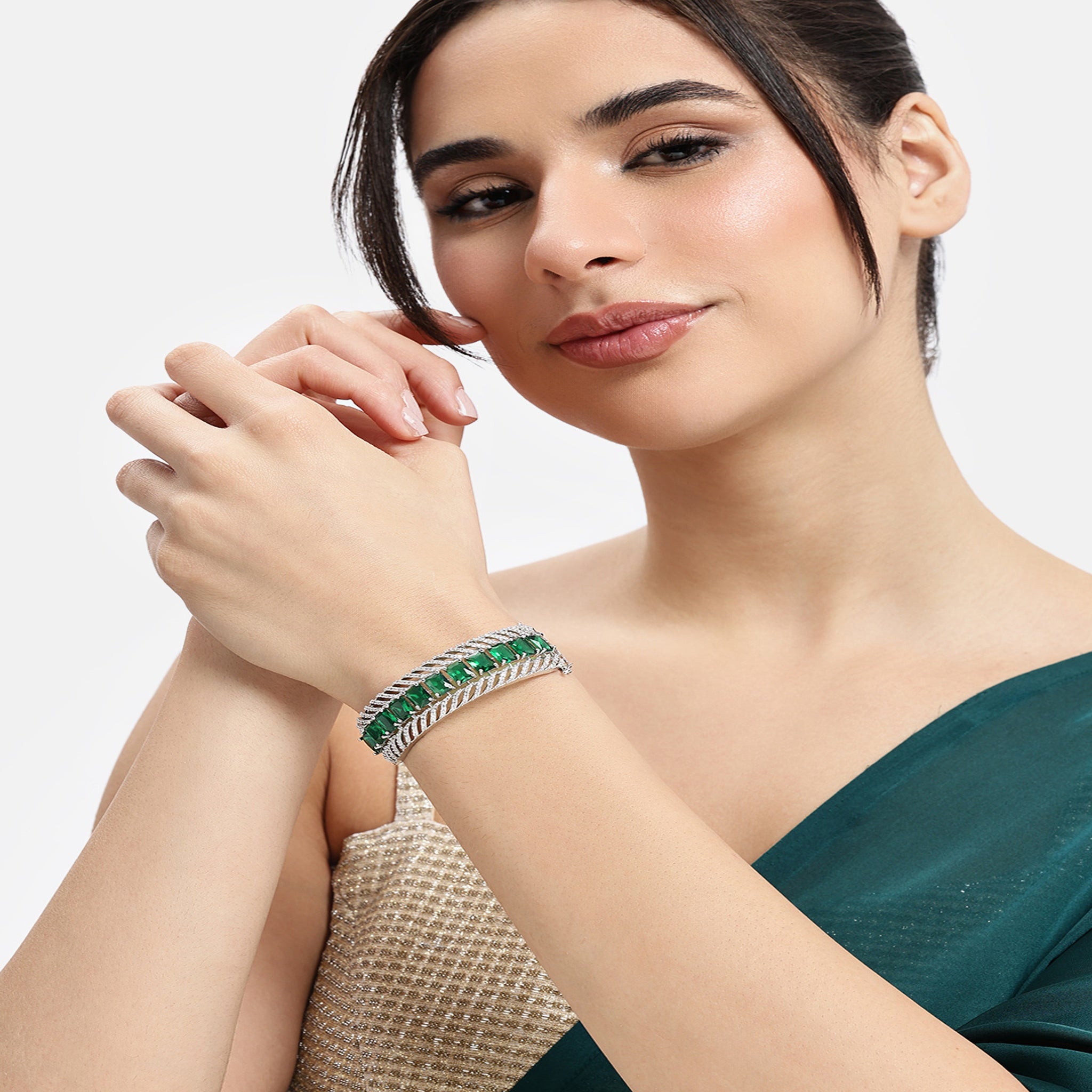 Women Cubic Zirconia Rhodium-Plated Kada Bracelet