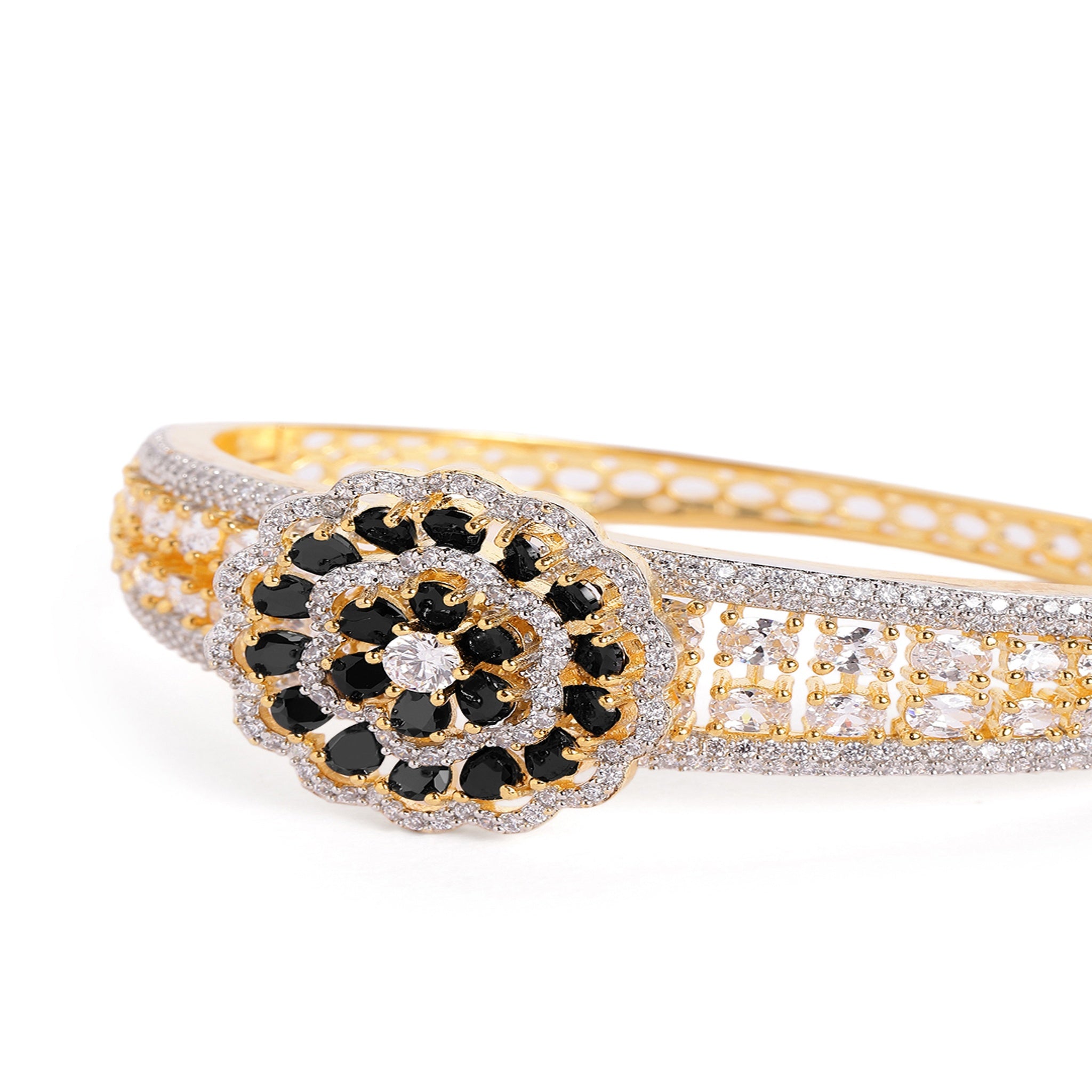 Women Cubic Zirconia Handcrafted Gold-Plated Kada Bracelet-Black
