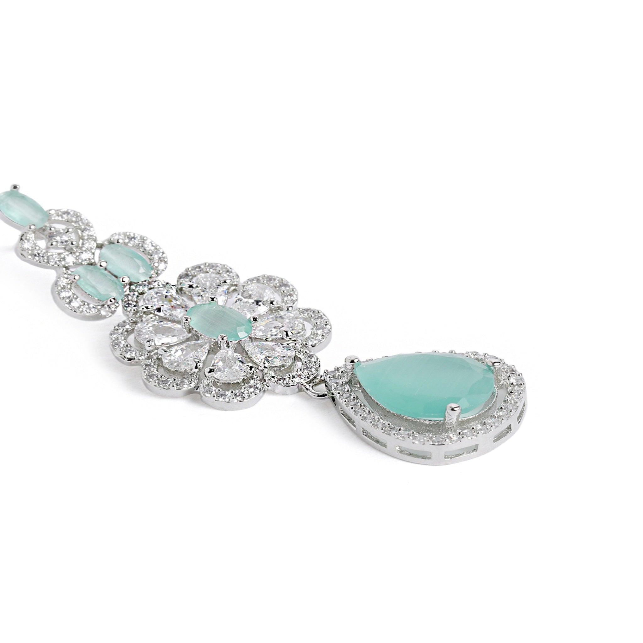 Rhodium-Plated Silver-Toned & Mint AD-Studded Jewellery Set