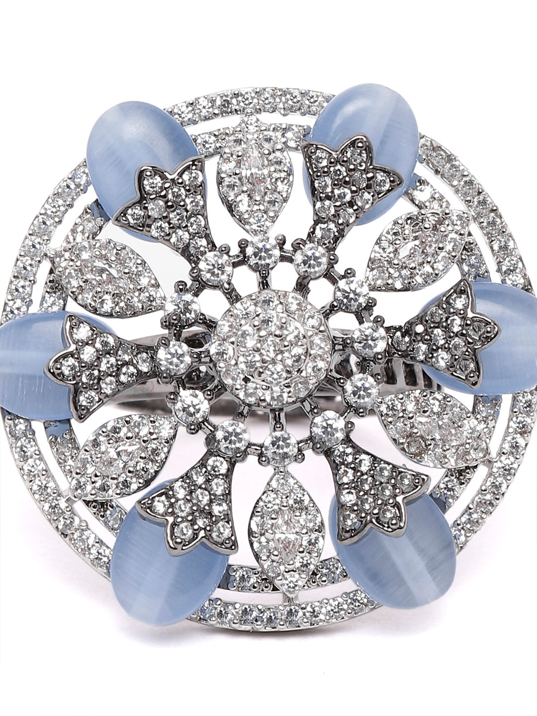 Lavish Giftz Adjustable Cubic Zirconia Light Blue Statement Ring With Black Plating