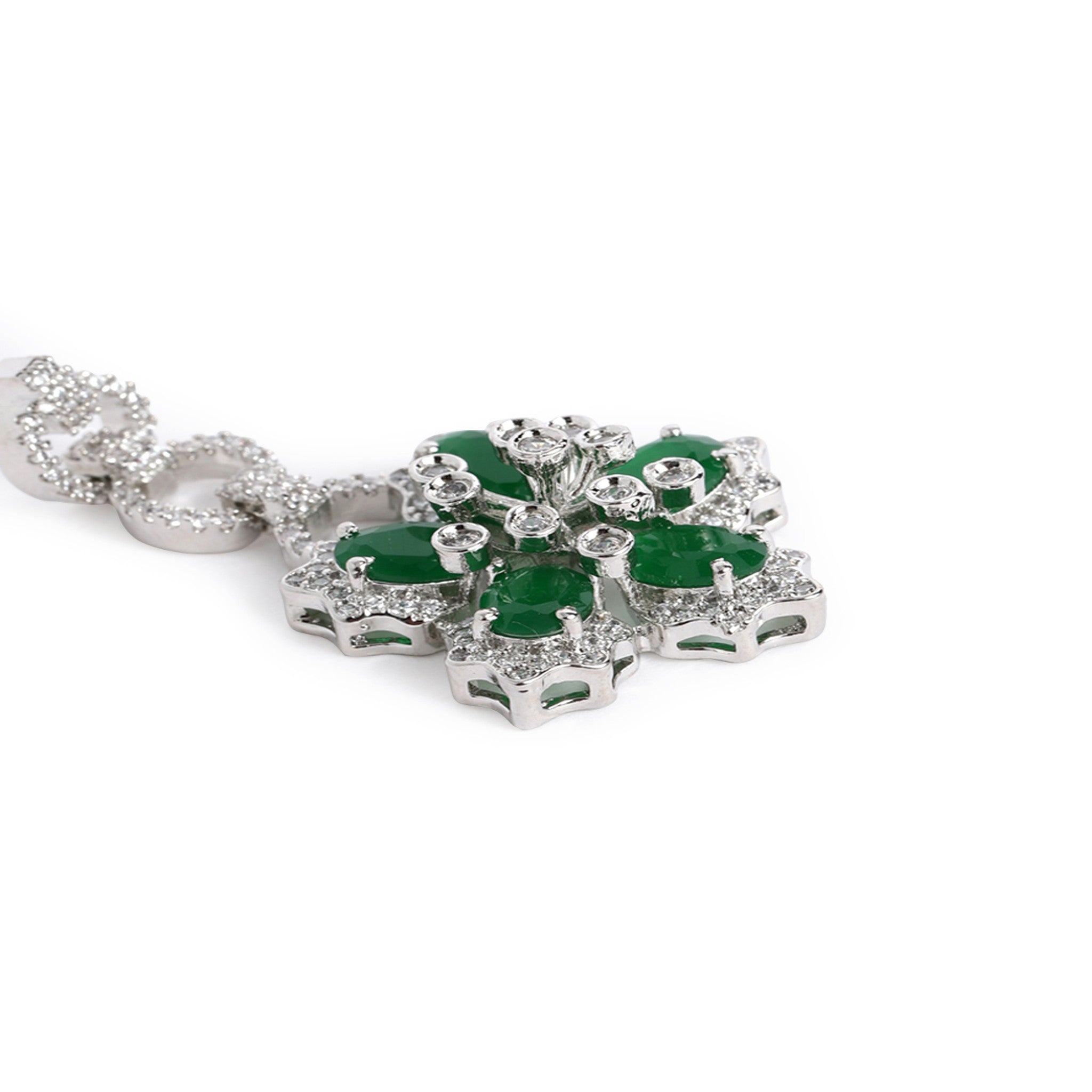 Rhodium-Plated Silver-Toned & White & Green AD-Studded Jewellery Set