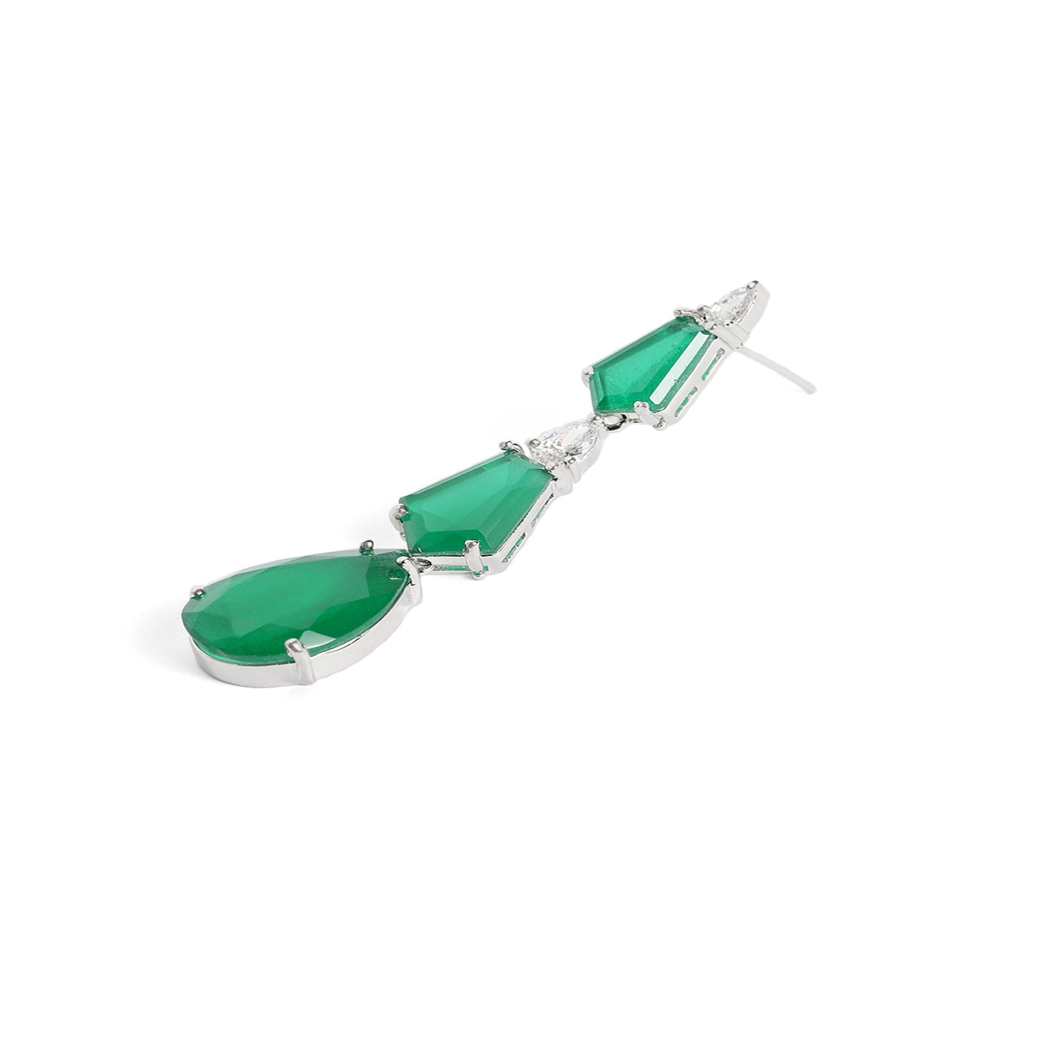 Rhodium-Plated Silver-Toned & Emerald Green AD-Studded Jewellery Set