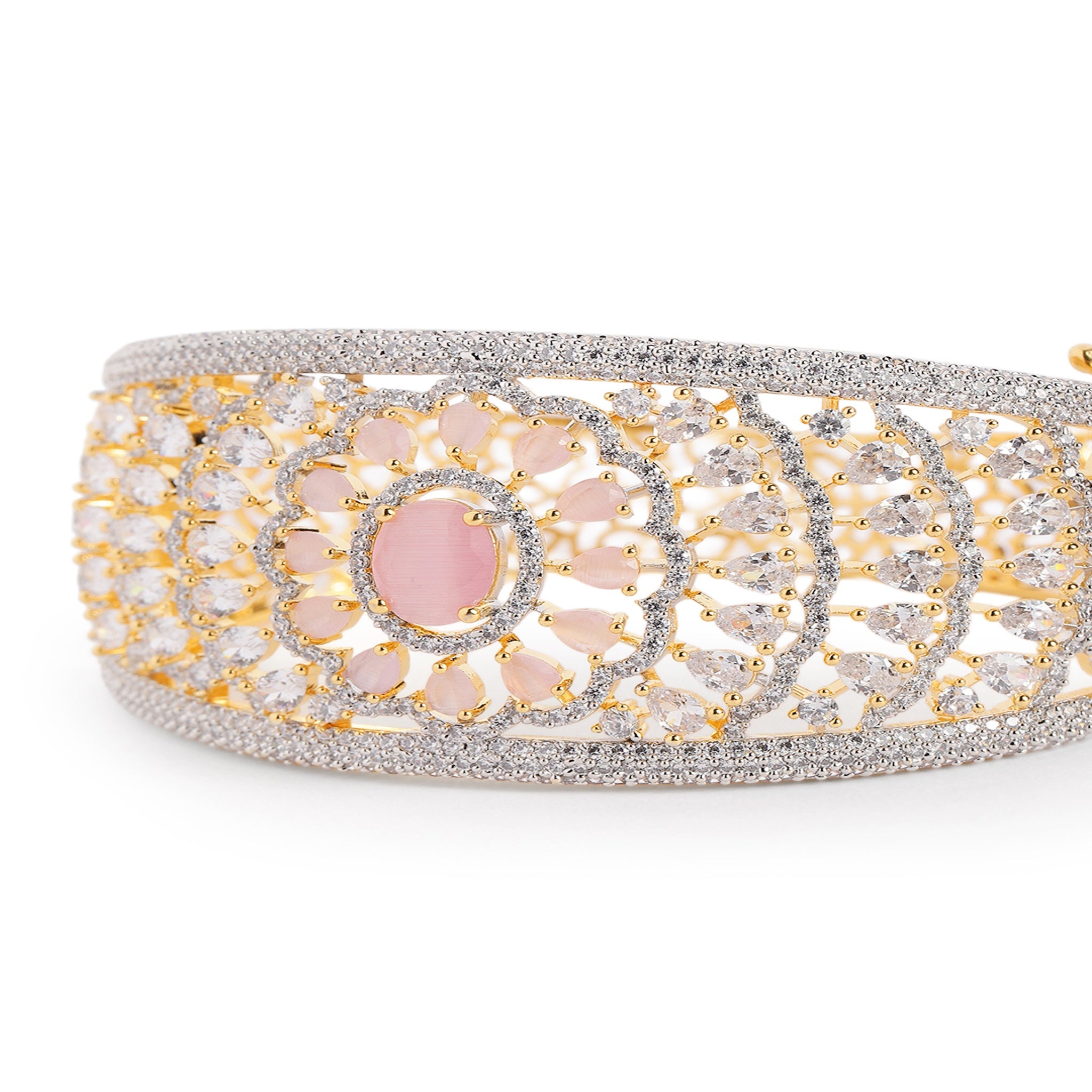Women Gold-Plated Cubic Zirconia Studded Kada Bracelet-Pink