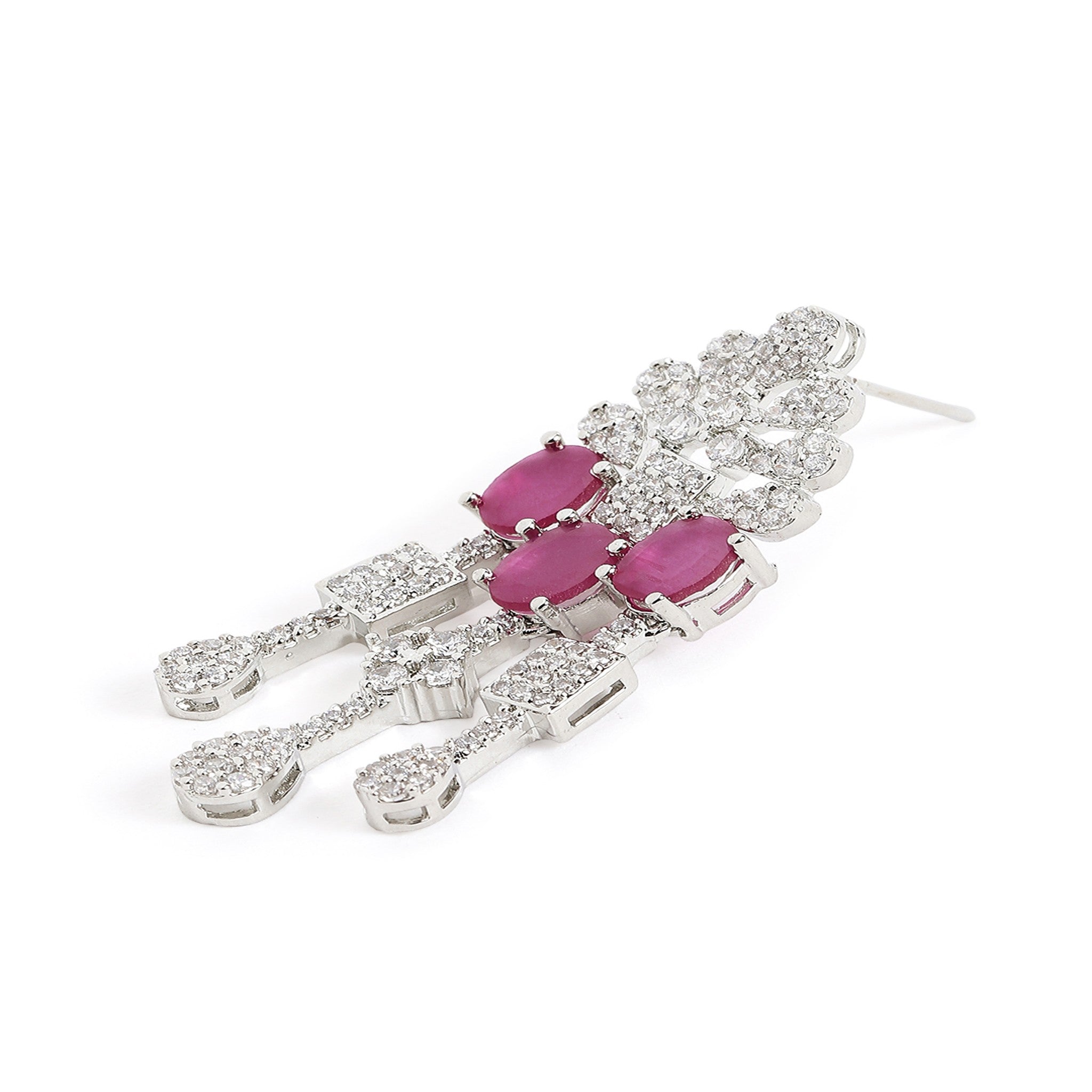 Rhodium-Plated Silver-Toned & Ruby AD-Studded Jewellery Set