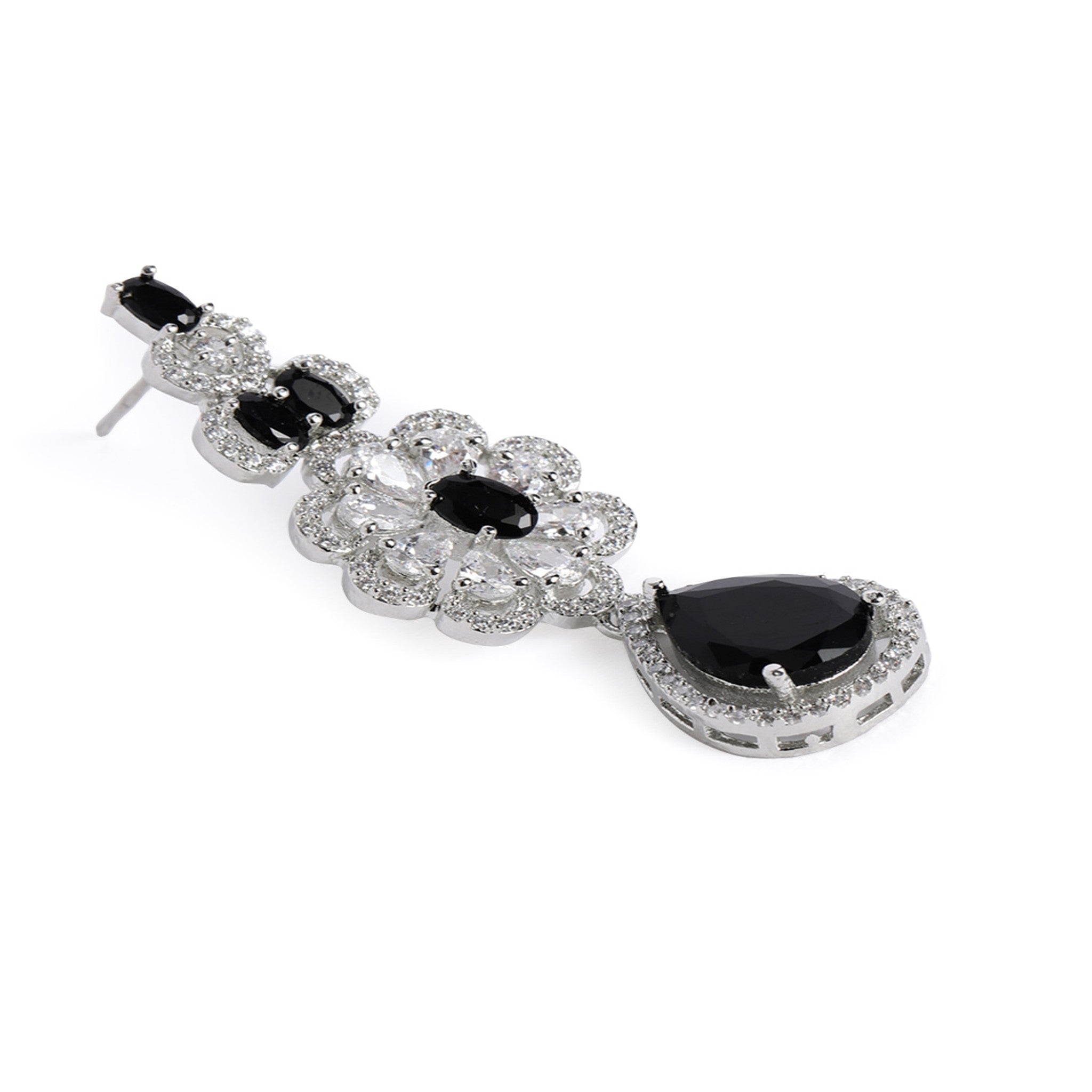 Rhodium-Plated Silver-Toned & Black AD-Studded Jewellery Set