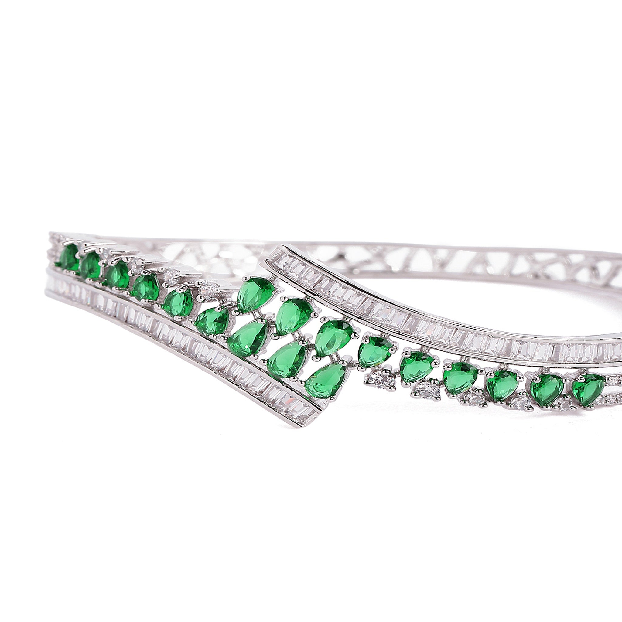 Women Cubic Zirconia Rhodium-Plated Kada Bracelet-Green