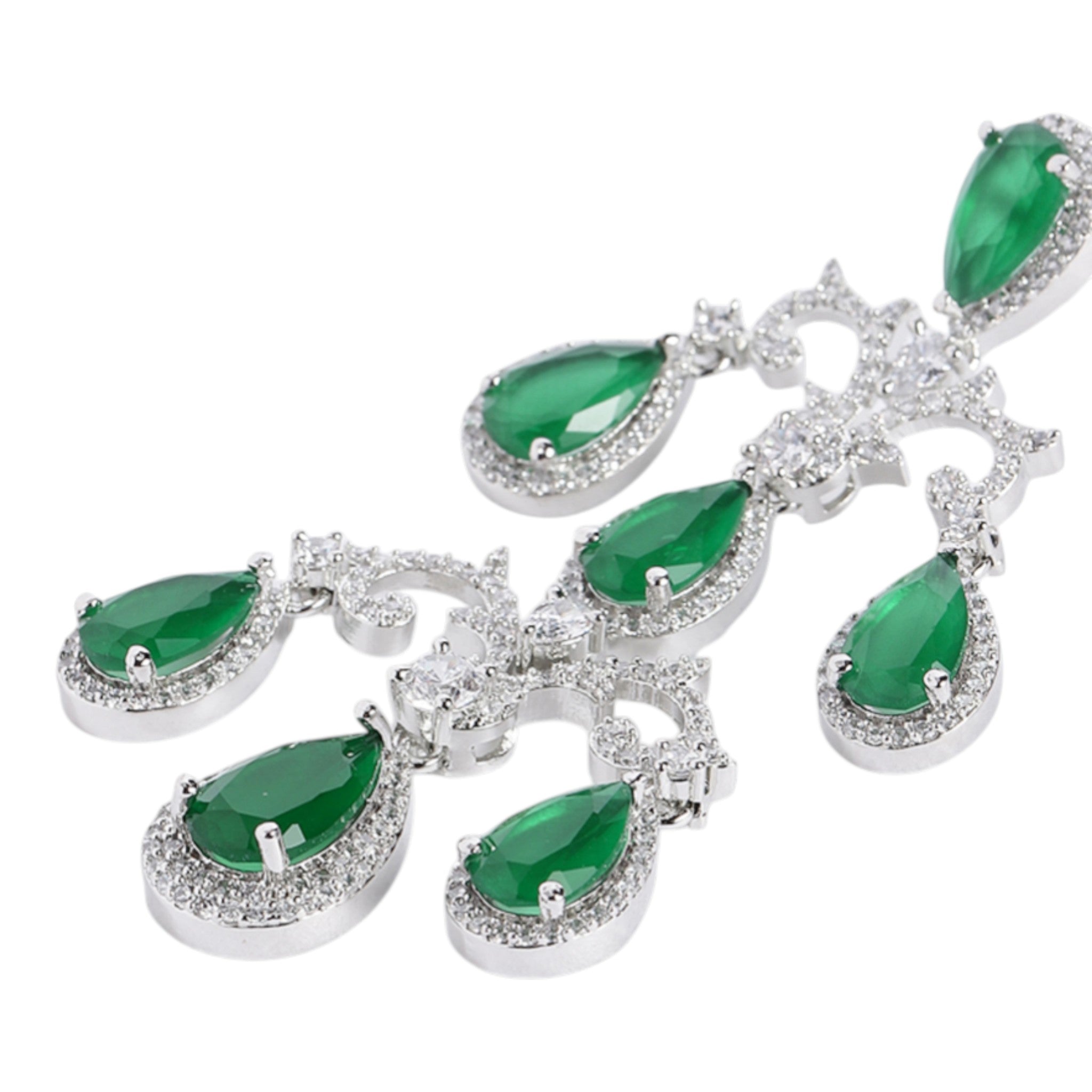 Silver-Toned Emerald Green American Diamonds Long Earrings